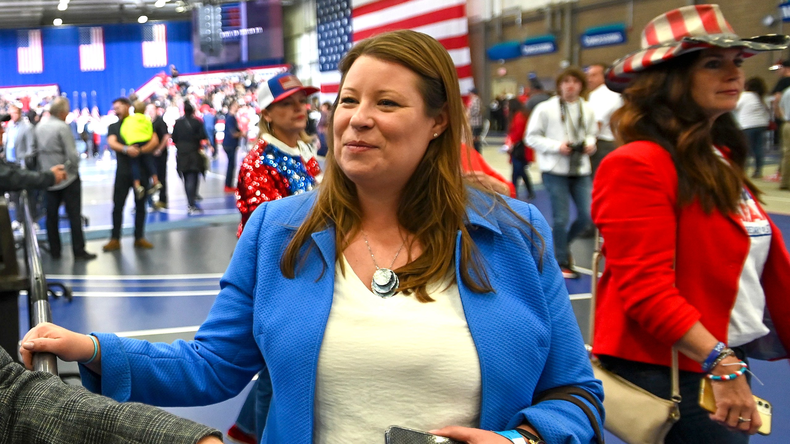 Stefanie Lambert attends a rally for Republican candidates at the Macomb Community College Sports & Expo Center in Warren, Mich., Oct. 1, 2022. The attorney facing criminal charges for illegally accessing Michigan voting machines after the 2020 election was arrested Monday, March 18, 2024 after a hearing in a separate case in federal court in Washington, D.C. (Todd McInturf/Detroit News via AP)