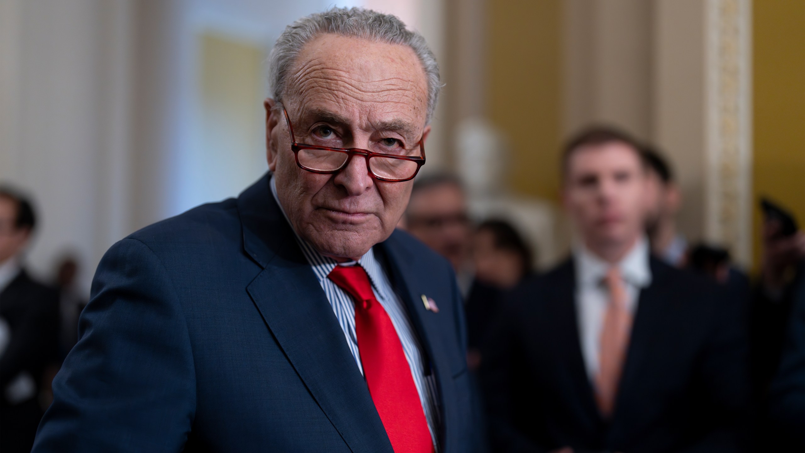 Senate Majority Leader Chuck Schumer, D-N.Y., speaks to reporters at the Capitol in Washington, Tuesday, March 12, 2024. (AP Photo/J. Scott Applewhite)