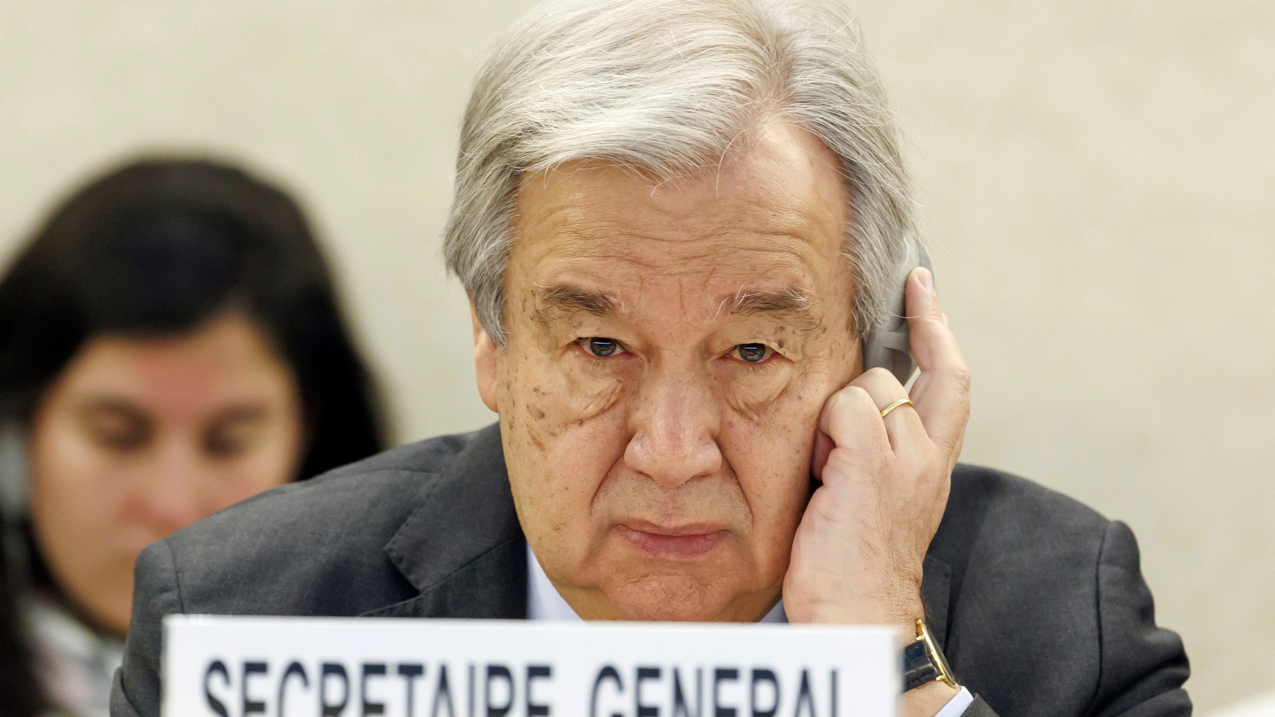FILE - U.N. Secretary-General Antonio Guterres listens to a speech, during the opening of the High-Level Segment of the 55th session of the Human Rights Council at the European headquarters of the United Nations in Geneva, Switzerland, on Feb. 26, 2024. Military airstrikes in western Myanmar killed at least 25 members of the country’s Muslim Rohingya minority, including children, local media reported, prompting the U.N. chief to express concerns over the escalating violence. According to the reports, the airstrikes took place early on Monday March 18, 2024 morning and targeted the village of Thada, north of Minbya township in Rakhine state. (Salvatore Di Nolfi/Keystone via AP, File)