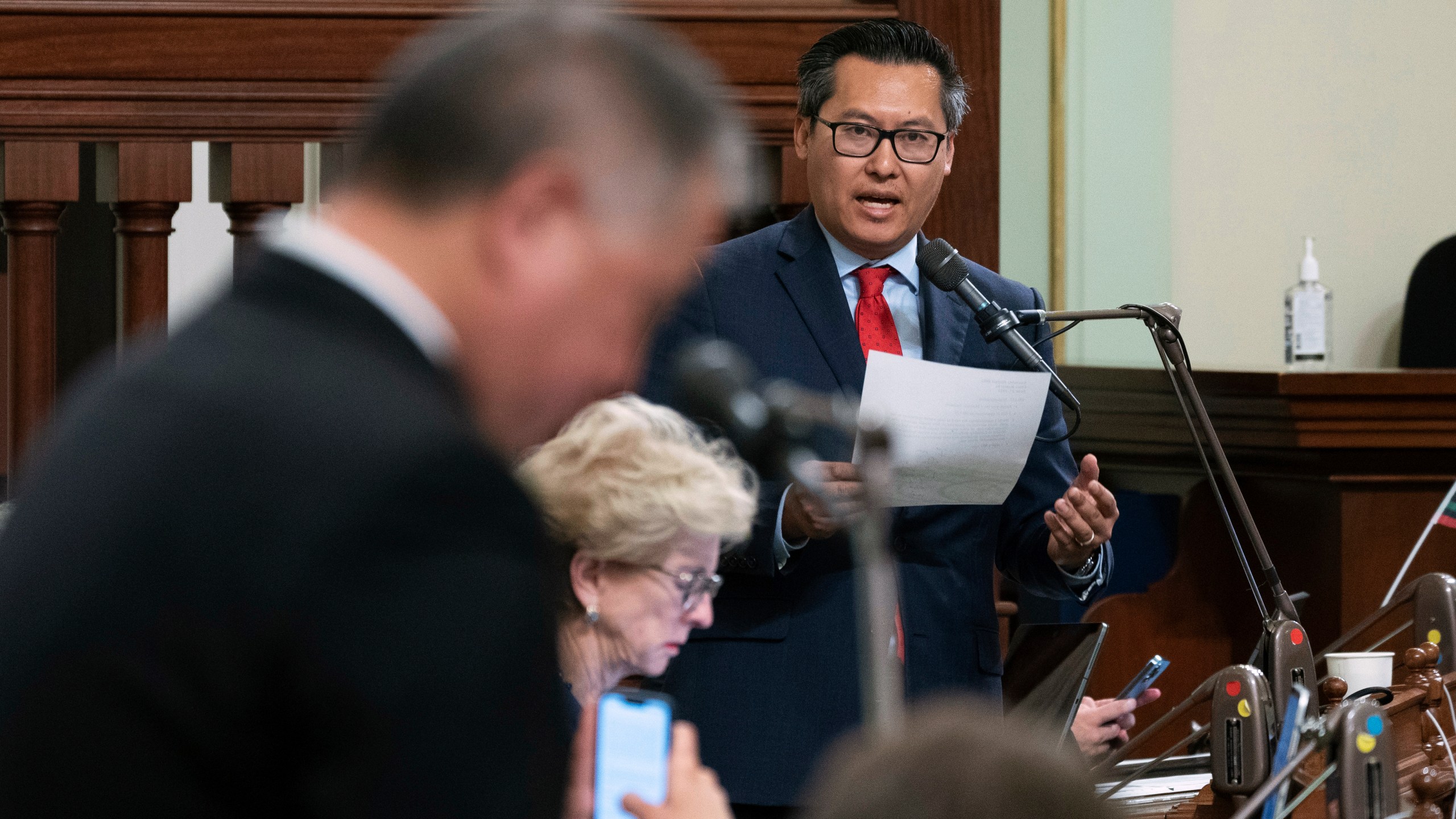 FILE - Assemblyman Vince Fong, R-Bakersfield, right, speaks at the Capitol in Sacramento, Calif., Tuesday, June 27, 2023. On Tuesday, March 19, 2024, Fong, a legislator backed by former President Donald Trump and a sheriff who promises to harden the nation’s porous borders will face off in a special U.S. House election. (AP Photo/Rich Pedroncelli, File)
