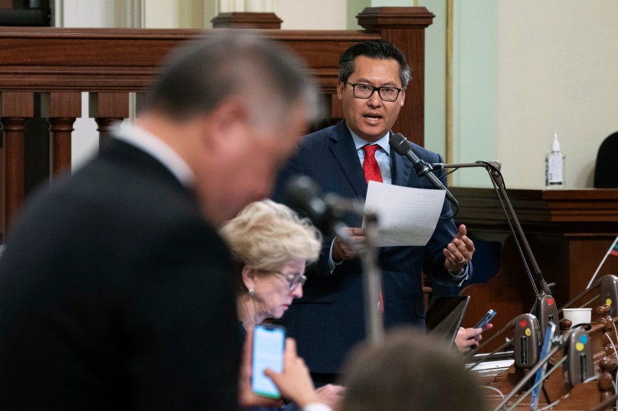 FILE - Assemblyman Vince Fong, R-Bakersfield, right, speaks at the Capitol in Sacramento, Calif., Tuesday, June 27, 2023. On Tuesday, March 19, 2024, Fong, a legislator backed by former President Donald Trump and a sheriff who promises to harden the nation’s porous borders will face off in a special U.S. House election. (AP Photo/Rich Pedroncelli, File)