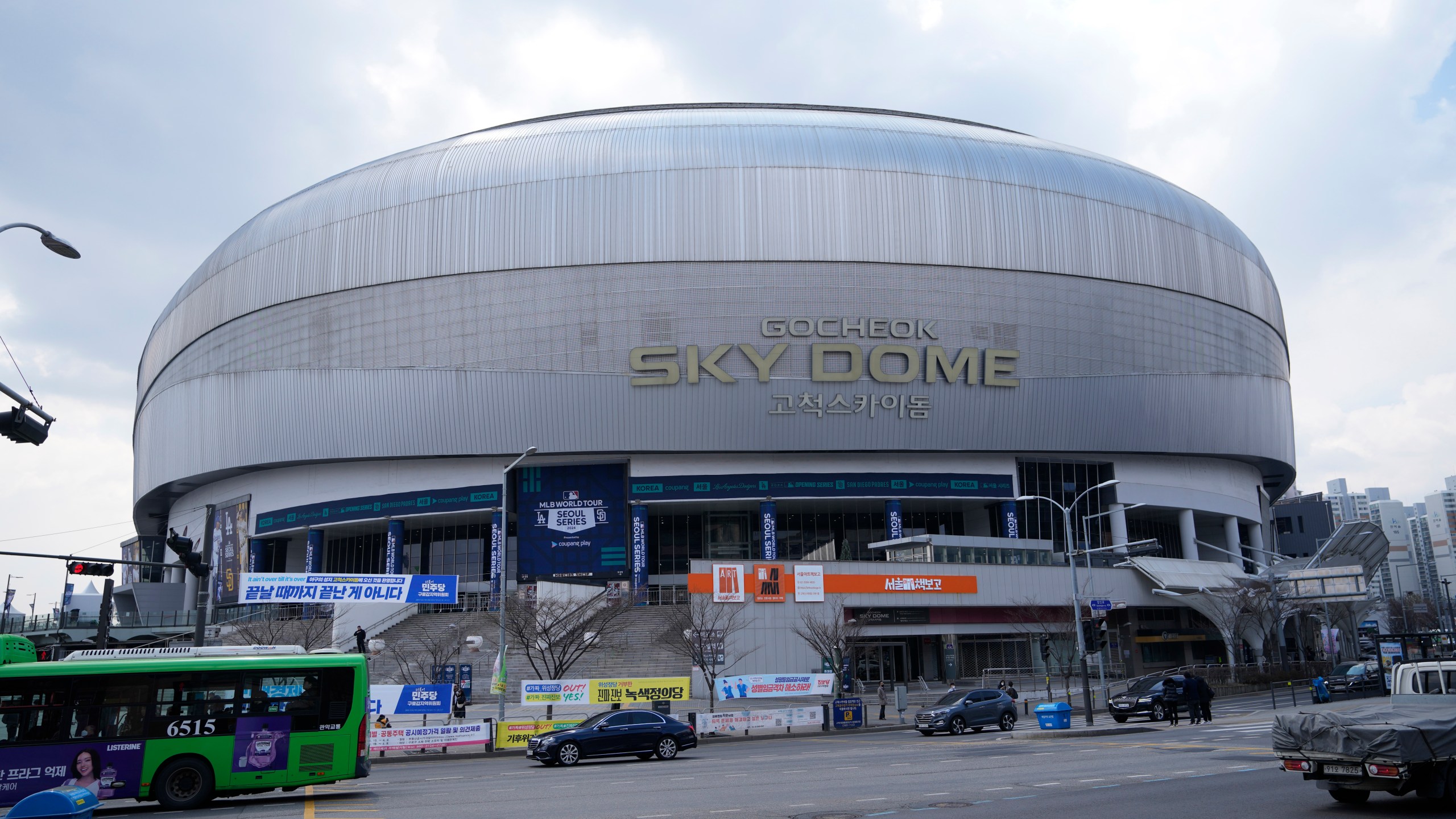 The Gocheok Sky Dome is seen ahead of a game between the Los Angeles Dodgers and the San Diego Padres for the MLB World Tour Seoul Series in Seoul, South Korea, Wednesday, March 20, 2024. South Korean police said they’ve found no explosives at Seoul’s Gocheok Sky Dome after searching the site Wednesday following a reported bomb threat against Los Angeles Dodgers star Shohei Ohtani. (AP Photo/Lee Jin-man)