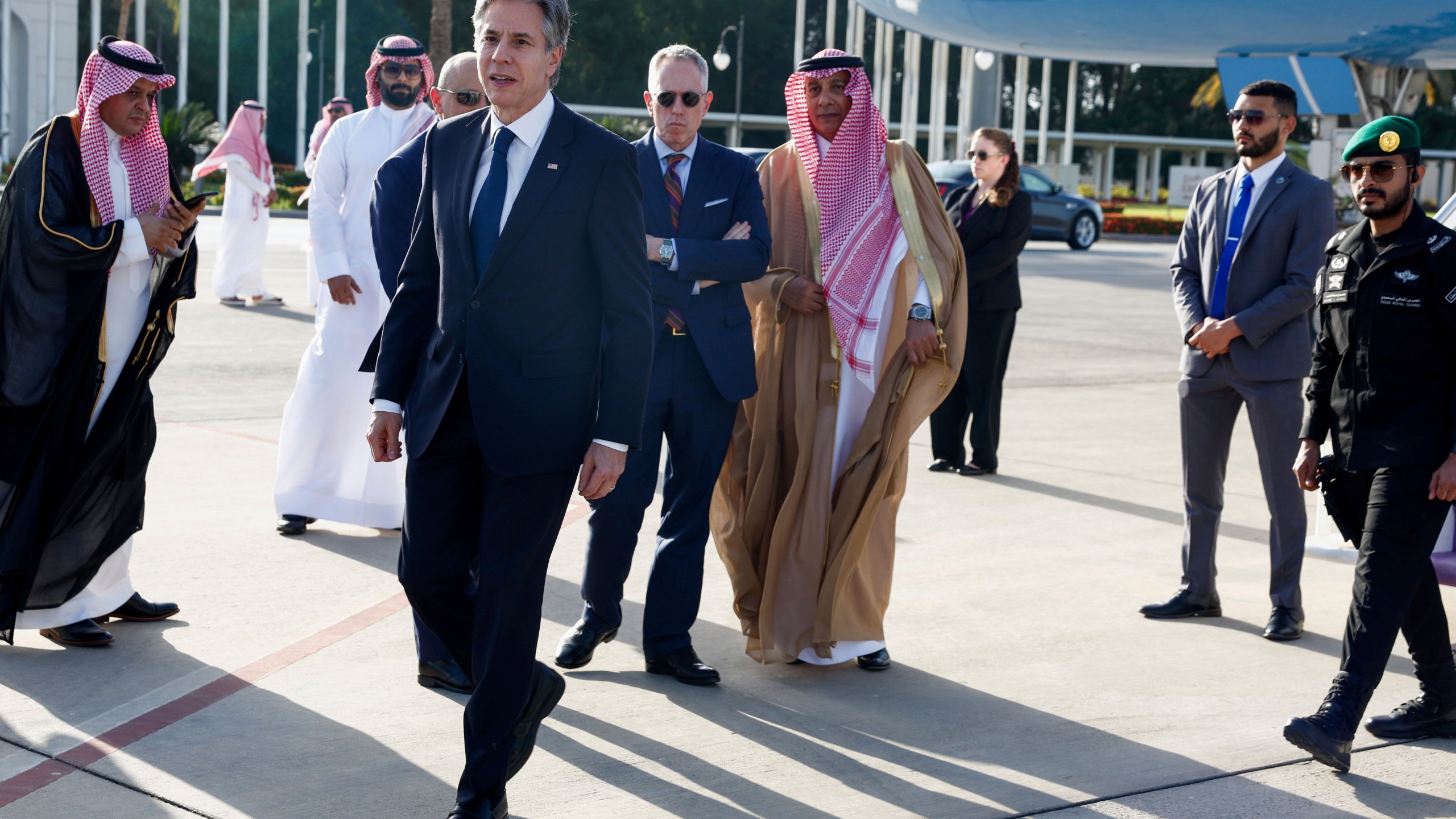 U.S. Secretary of State Antony Blinken walks as he arrives in Jeddah, Saudi Arabia, Wednesday, March 20, 2024. (Evelyn Hockstein, Pool Photo via AP)