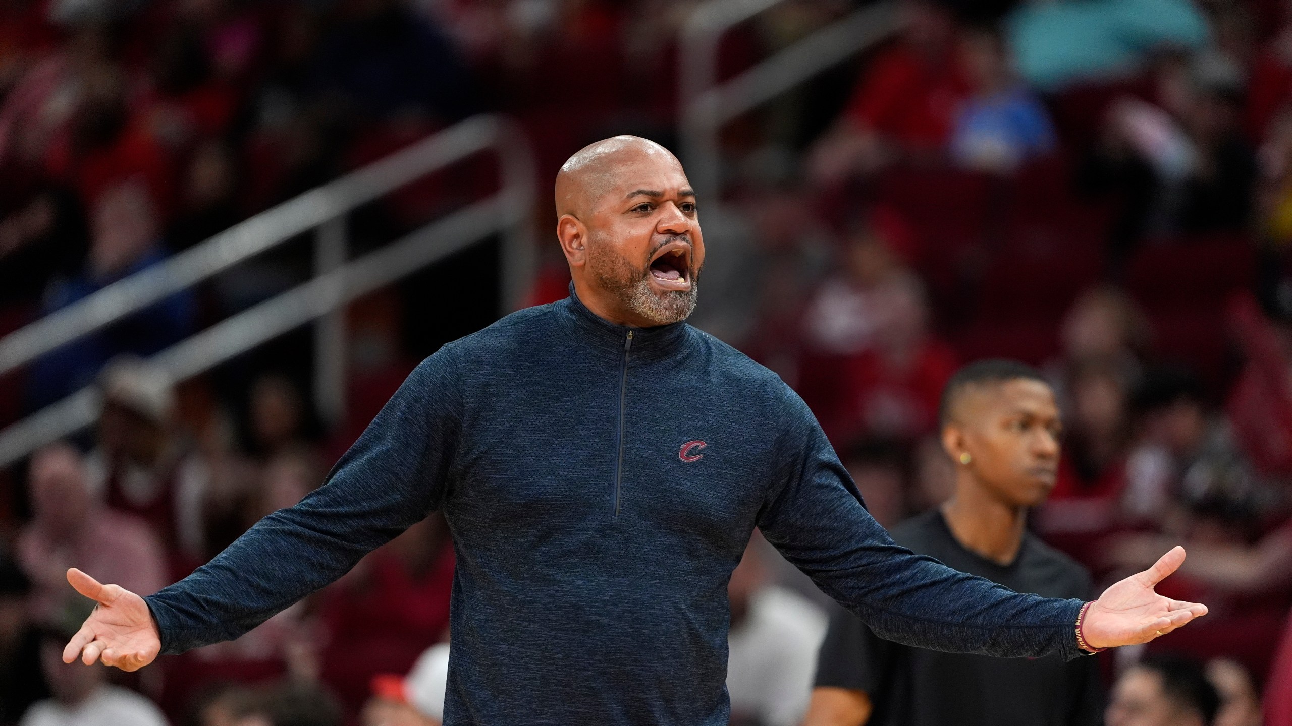 Cleveland Cavaliers coach J.B. Bickerstaff yells at an official during the second half of an NBA basketball game against the Houston Rockets Saturday, March 16, 2024, in Houston. The Rockets won 117-103. (AP Photo/David J. Phillip)