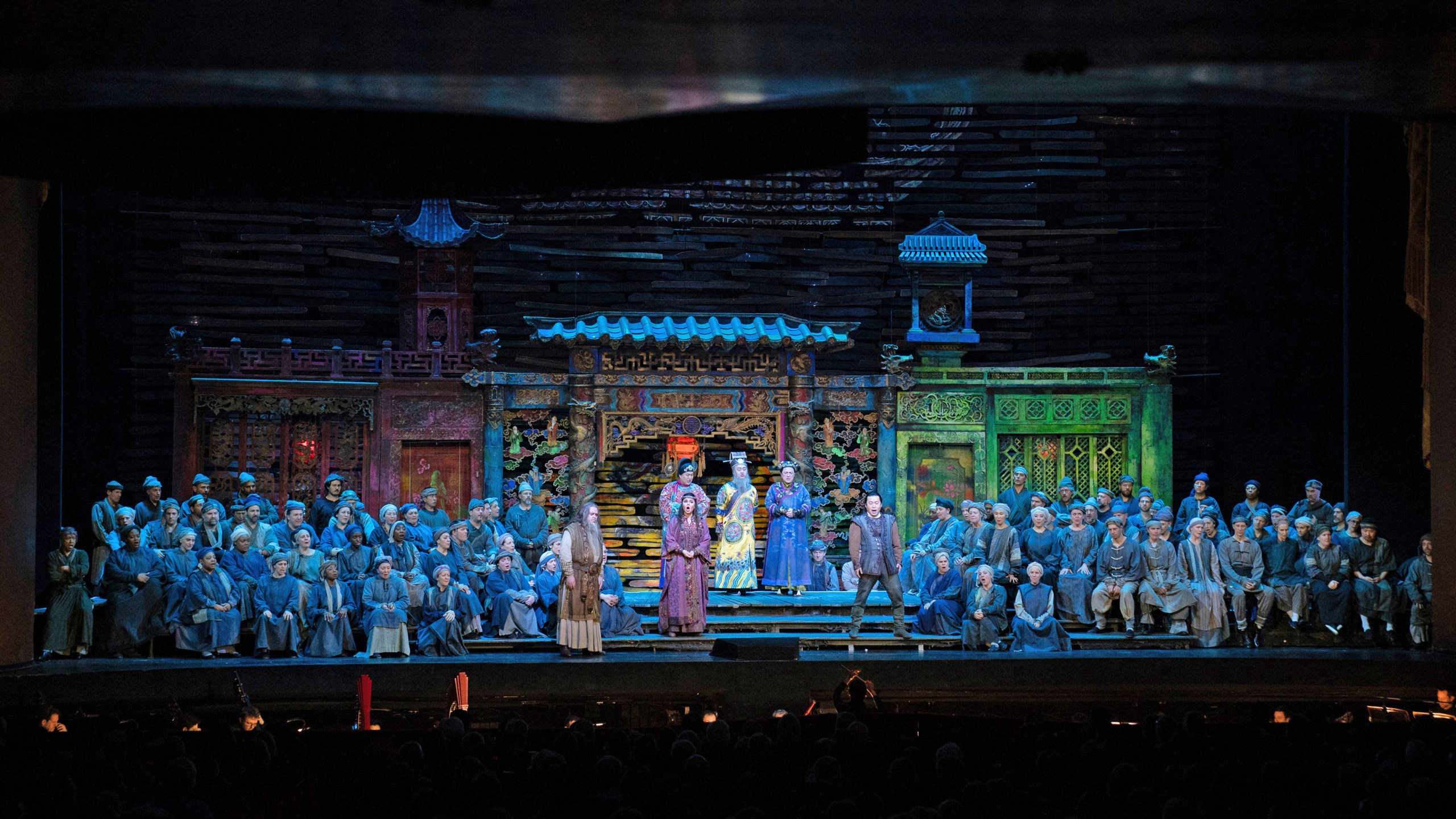 In this photo provided by the Metropolitan Opera, the cast performs during Act 1 of Puccini's “Turandot” on Wednesday, March 20, 2024, at the Metropolitan Opera in New York. The Met was forced to stage a semi-staged performance of the show after a stage elevator jammed. (Karen Almond/Metropolitan Opera via AP)