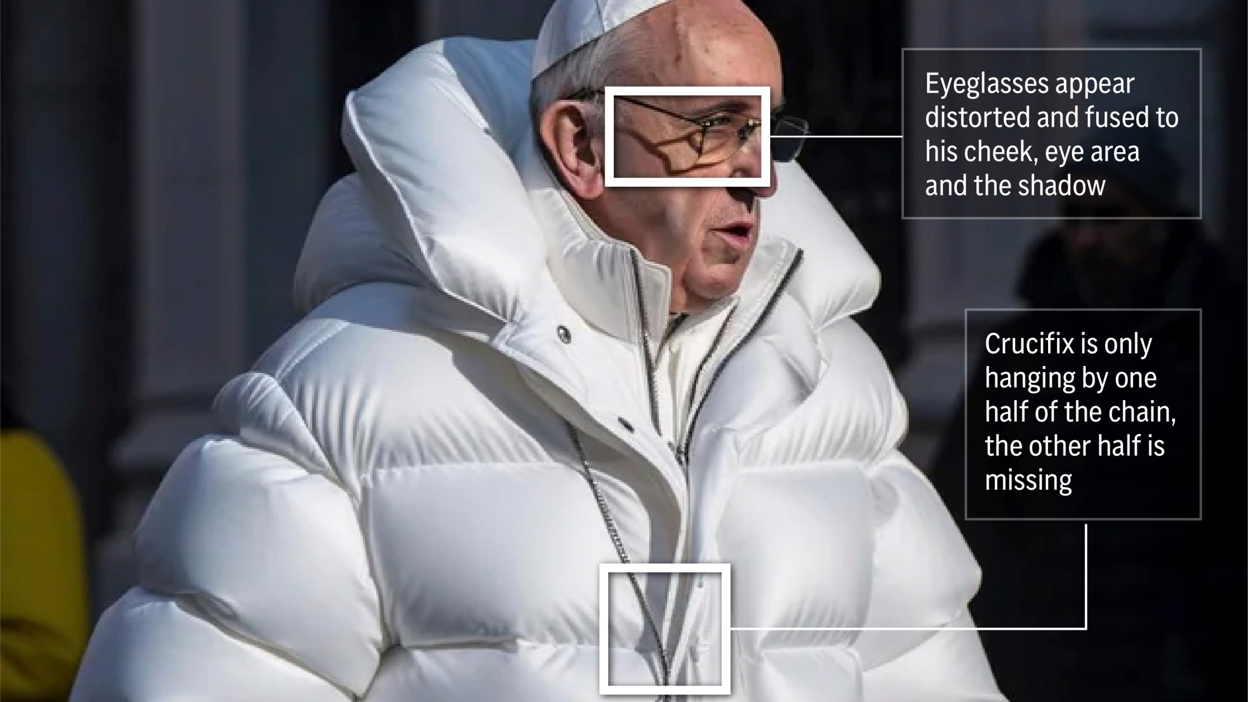 AI fakery is quickly becoming one of the biggest problems confronting us online. With AI deepfakes cropping up almost every day, depicting everyone from Taylor Swift to Donald Trump, it’s getting harder to tell what’s real from what’s not. The following photo-illustrated graphic highlights a few notable areas of an AI-deepfake of Pope Francis.