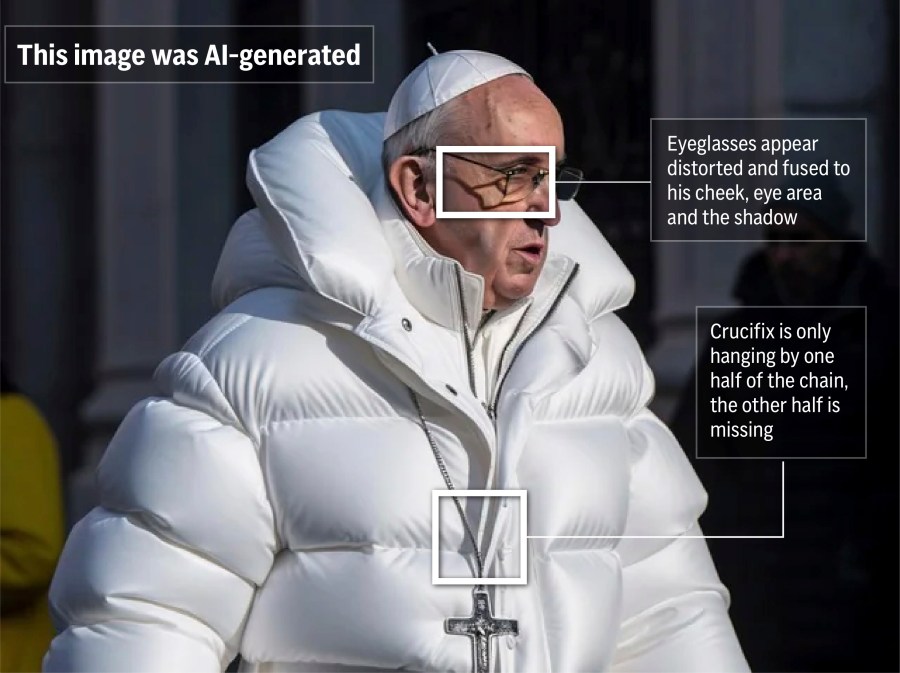 AI fakery is quickly becoming one of the biggest problems confronting us online. With AI deepfakes cropping up almost every day, depicting everyone from Taylor Swift to Donald Trump, it’s getting harder to tell what’s real from what’s not. The following photo-illustrated graphic highlights a few notable areas of an AI-deepfake of Pope Francis.