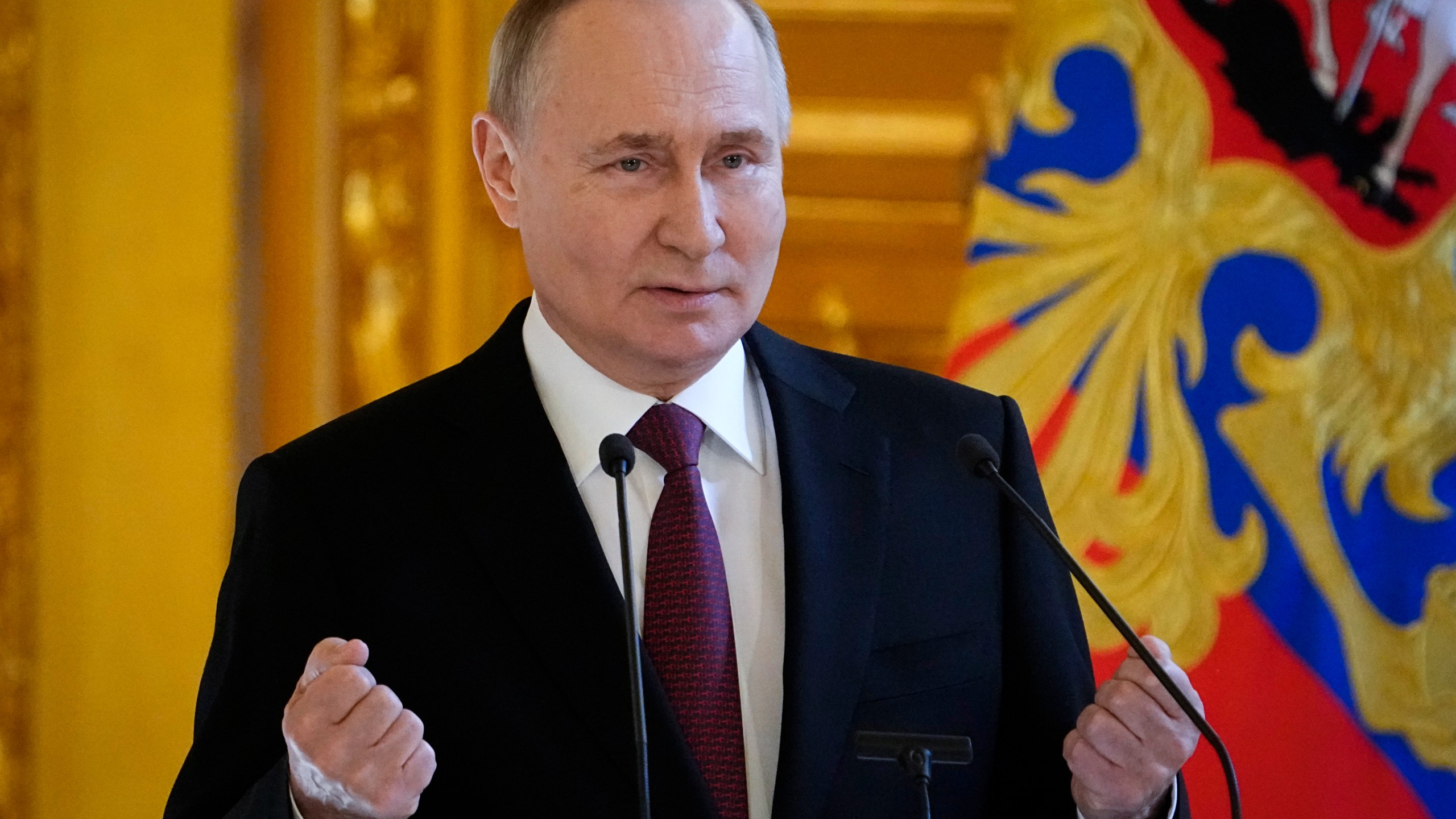 Russia President Vladimir Putin delivers a speech as he meets his authorised representatives for the presidential election campaign in the Andreyevsky Hall of the Great Kremlin Palace, in Moscow, Russia, Wednesday, March 20, 2024. (AP Photo/Alexander Zemlianichenko)