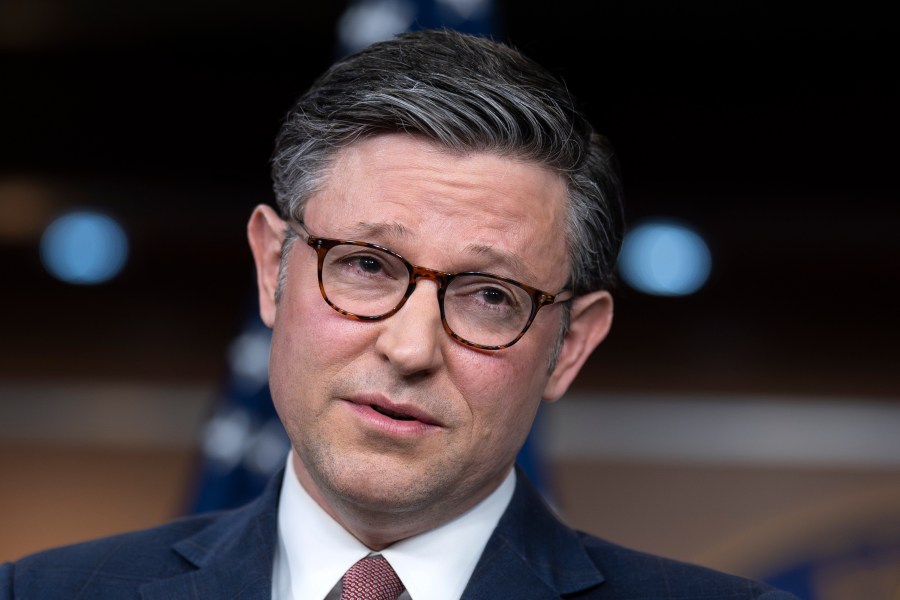 Speaker of the House Mike Johnson, R-La., and the House Republican leadership meet with reporters as lawmakers work to pass the final set of spending bills to avoid a partial government shutdown, at the Capitol in Washington, Wednesday, March 20, 2024. (AP Photo/J. Scott Applewhite)