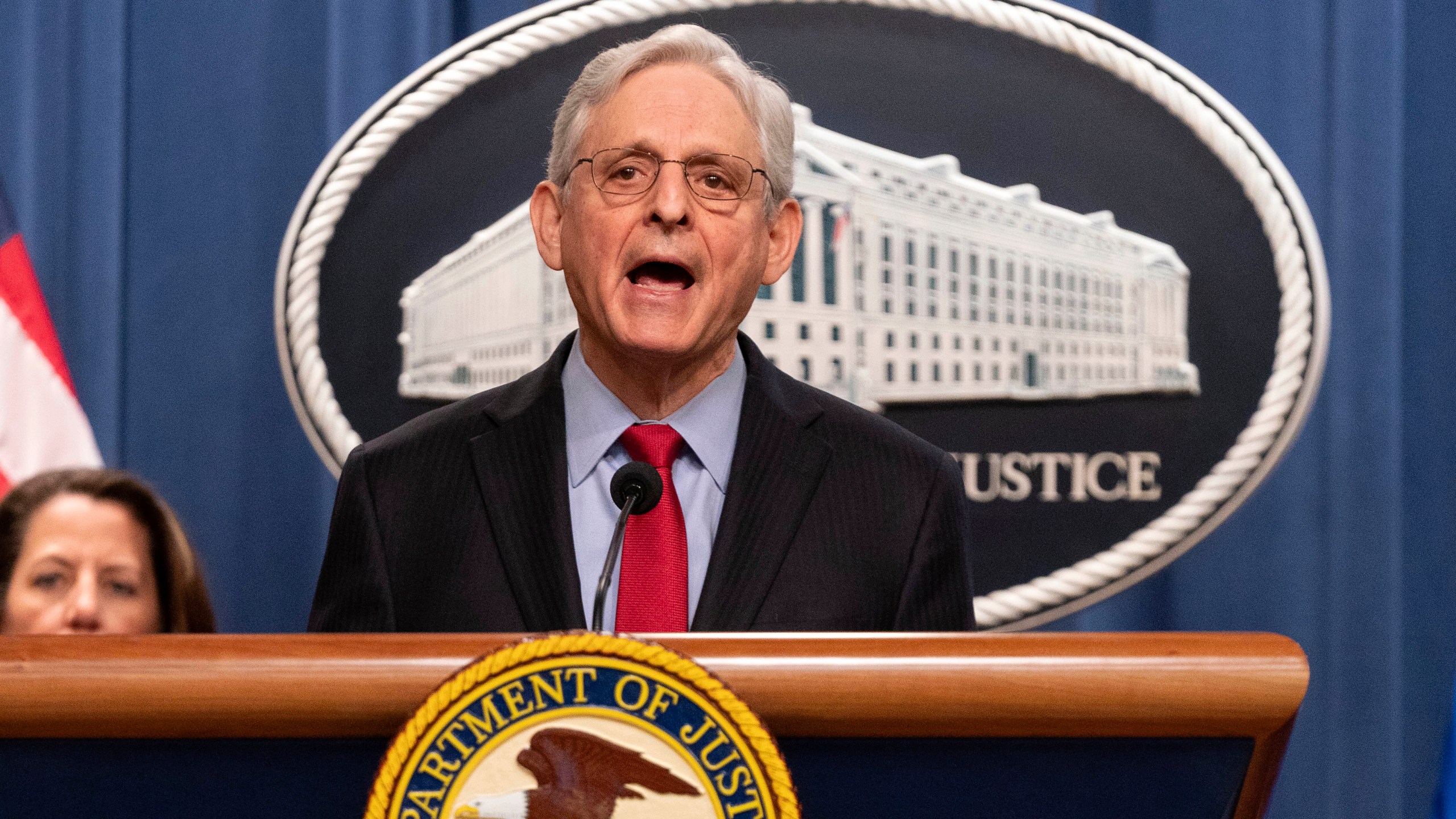 Attorney General Merrick Garland speaks during a news conference at Department of Justice headquarters in Washington, Thursday, March 21, 2024. The Justice Department on Thursday announced a sweeping antitrust lawsuit against Apple, accusing the tech giant of engineering an illegal monopoly in smartphones that boxes out competitors and stifles innovation. (AP Photo/Jose Luis Magana)
