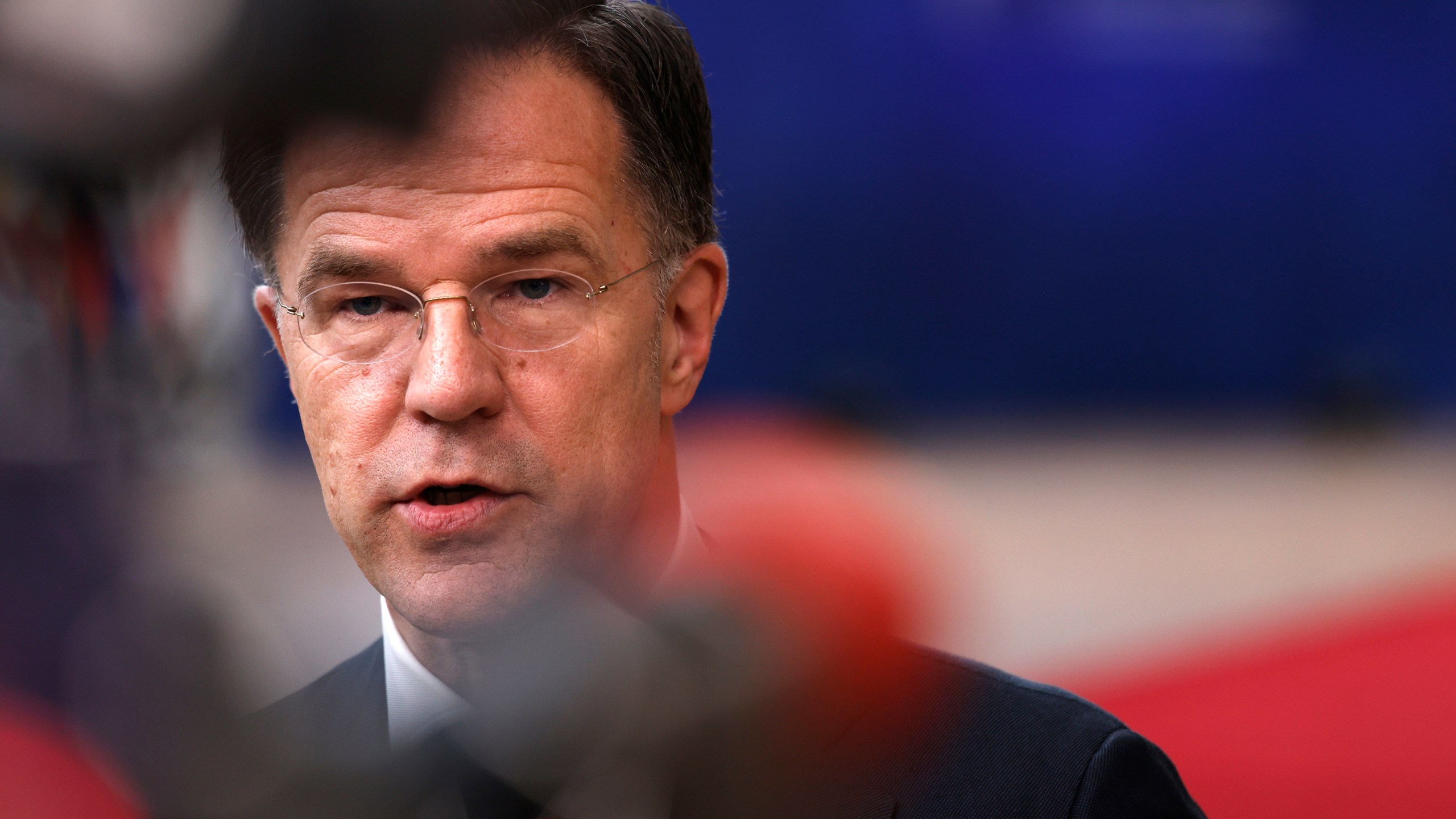 Netherland's Prime Minister Mark Rutte speaks with the media as he arrives for a EU Summit in Brussels, Thursday, March 21, 2024. European Union leaders are gathering on Thursday to thrash out new ways to help boost arms and ammunition production for Ukraine, and to discuss the war in Gaza amid deep concern about Israeli plans to launch a ground offensive in the city of Rafah. (AP Photo/Omar Havana)