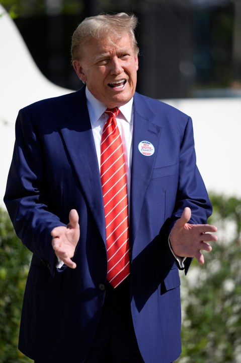 Republican presidential candidate former President Donald Trump speaks after voting in the Florida primary election in Palm Beach, Fla., Tuesday, March 19, 2024. (AP Photo/Wilfredo Lee)