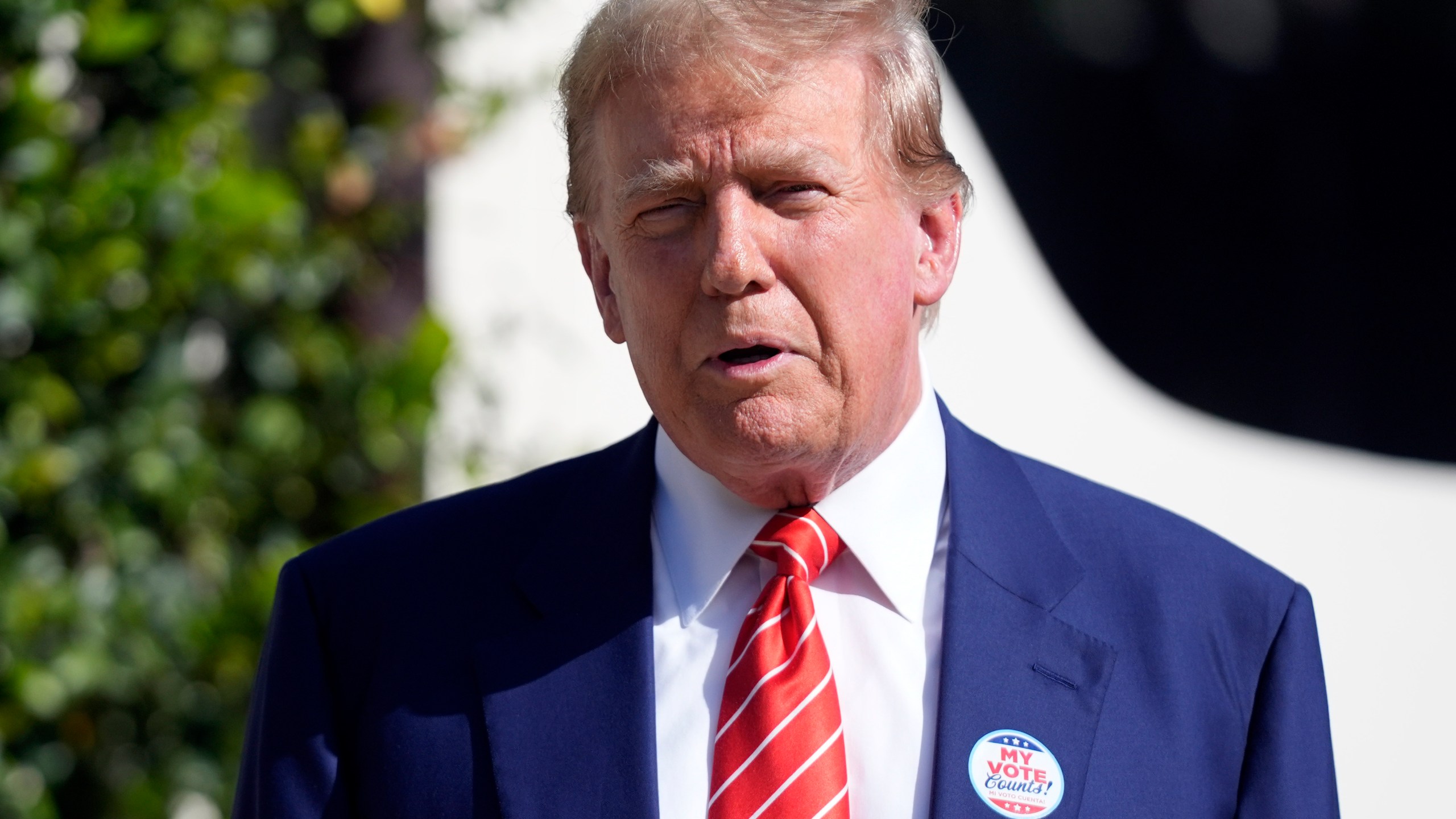 Republican presidential candidate former President Donald Trump speaks after voting in the Florida primary election in Palm Beach, Fla., Tuesday, March 19, 2024. (AP Photo/Wilfredo Lee)