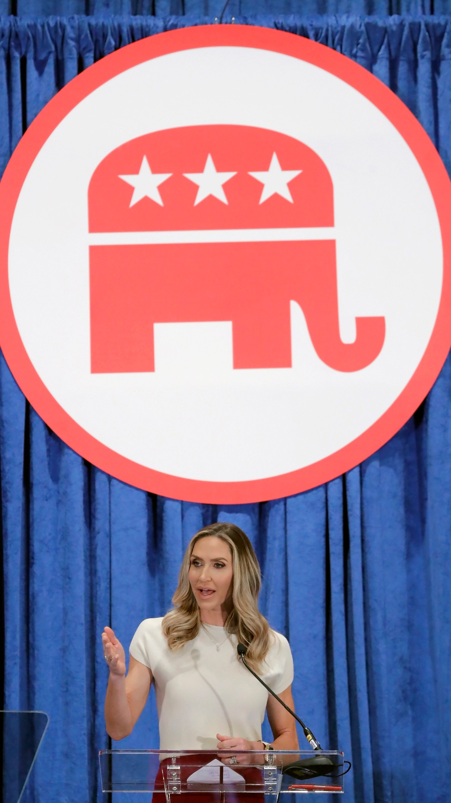 FILE - Lara Trump, the newly-elected co-chair of the Republican National Committee, gives an address during the general session of the RNC Spring Meeting Friday, March 8, 2024, in Houston. Trump's handpicked leadership team for for the RNC includes Trump, his daughter-in-law, who said in February that she thought Republican voters would like to see the RNC pay Trump's legal fees. (AP Photo/Michael Wyke, File)