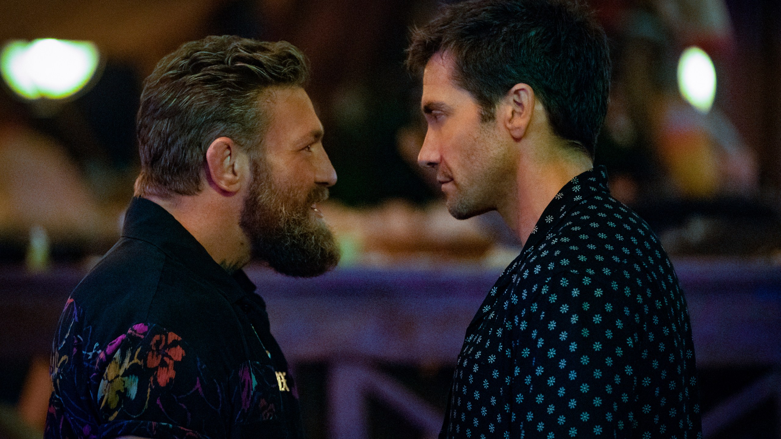 This image released by Prime Video shows Conor McGregor, left, and Jake Gyllenhaal in a scene from "Road House." (Laura Radford/Prime Video via AP)