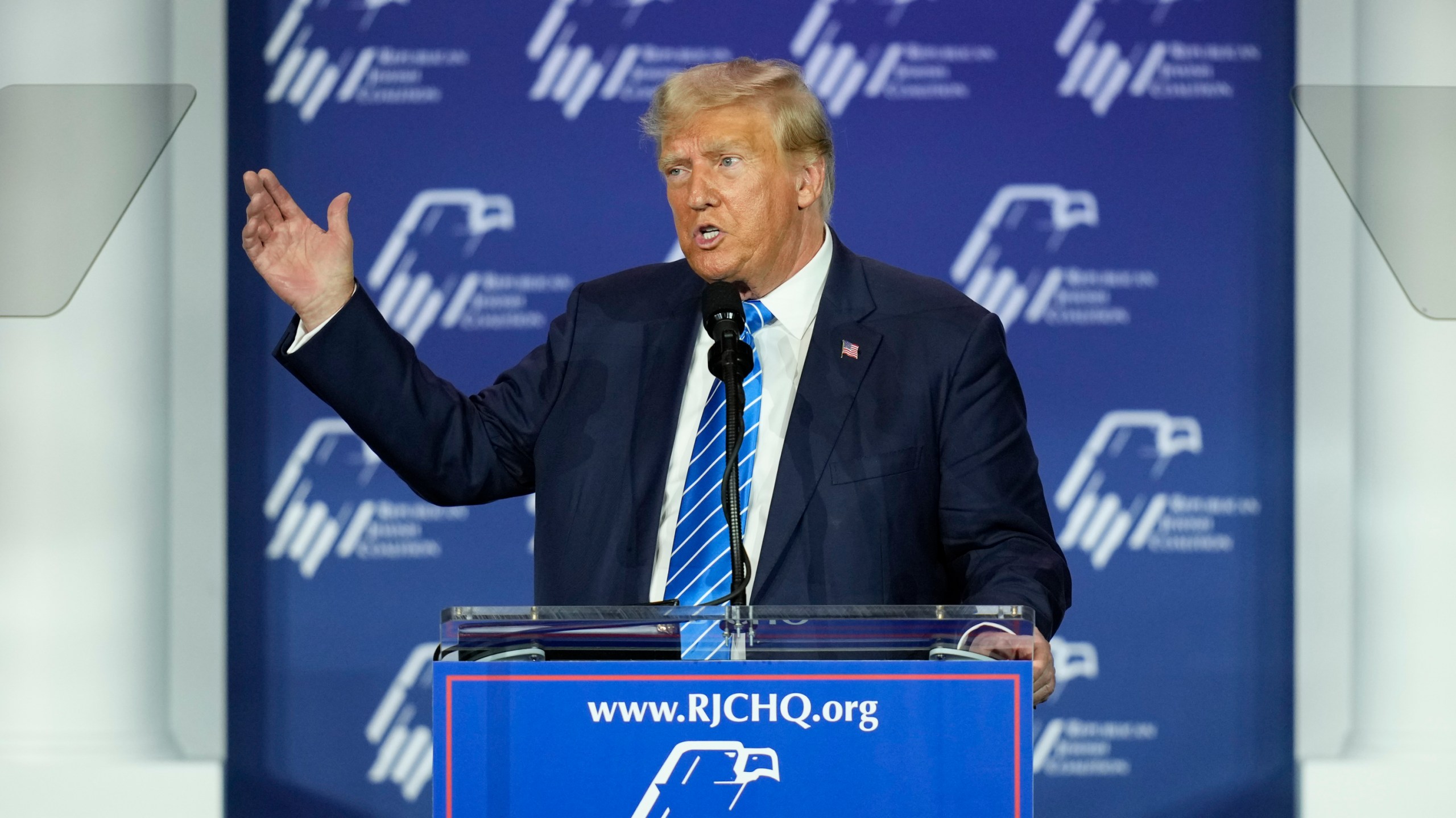 FILE - Republican presidential candidate and former President Donald Trump speaks at an annual leadership meeting of the Republican Jewish Coalition, Saturday, Oct. 28, 2023, in Las Vegas. Trump on Monday, March 18, 2024, charged that Jews who vote for Democrats “hate Israel” and hate “their religion,” igniting a firestorm of criticism from the White House and Jewish leaders.(AP Photo/John Locher, File)