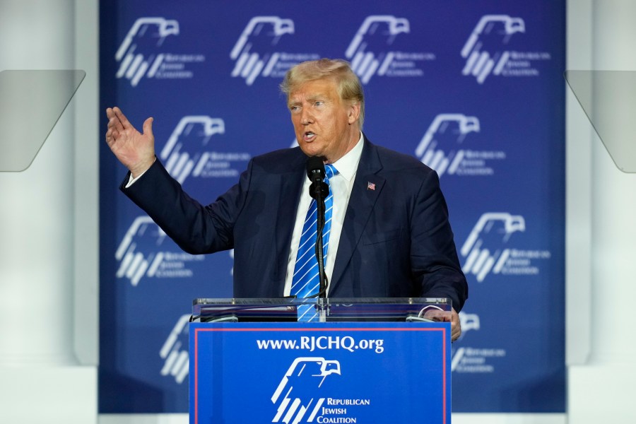 FILE - Republican presidential candidate and former President Donald Trump speaks at an annual leadership meeting of the Republican Jewish Coalition, Saturday, Oct. 28, 2023, in Las Vegas. Trump on Monday, March 18, 2024, charged that Jews who vote for Democrats “hate Israel” and hate “their religion,” igniting a firestorm of criticism from the White House and Jewish leaders.(AP Photo/John Locher, File)