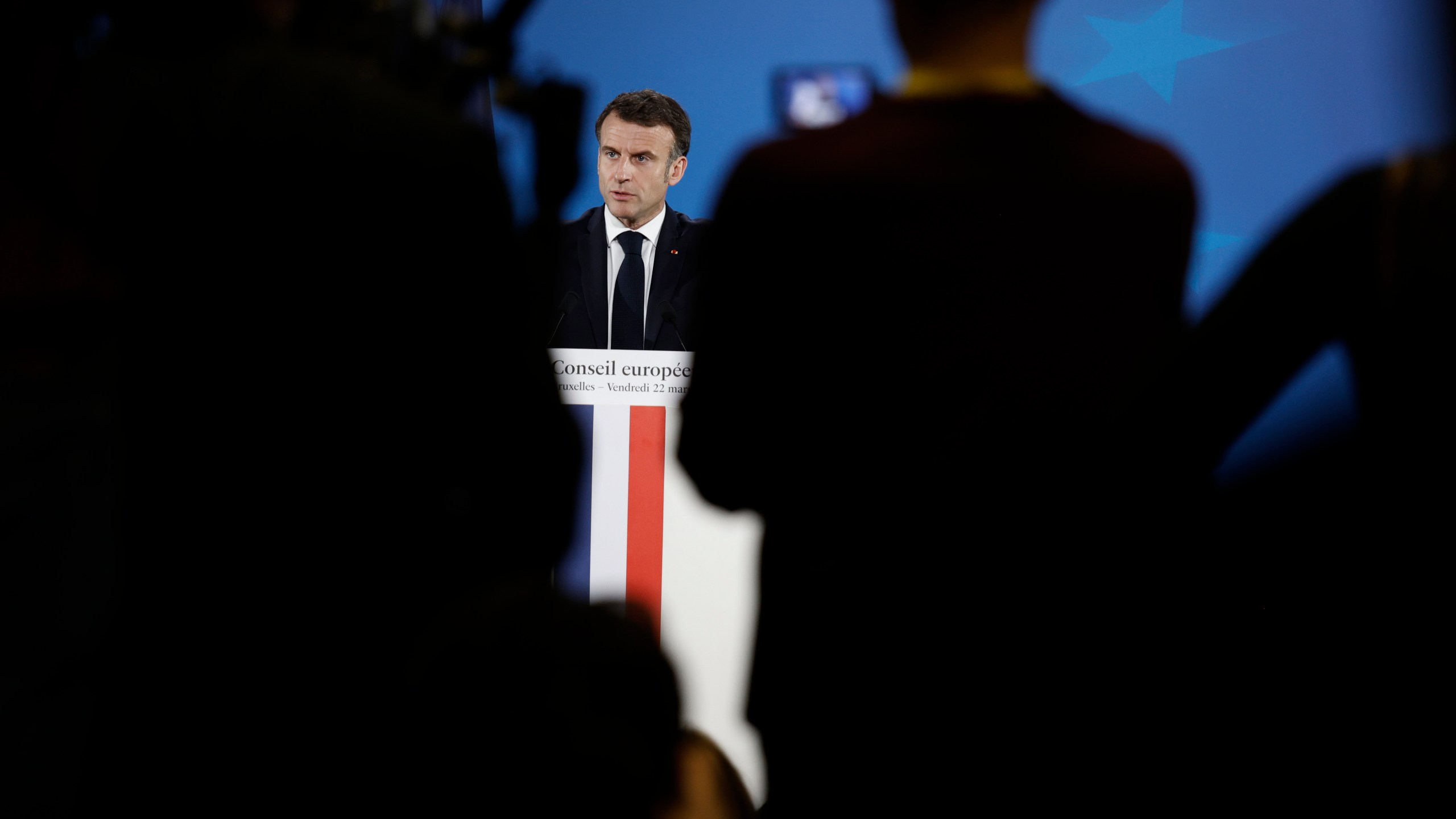 French President Emmanuel Macron addresses a media conference at the conclusion of an EU Summit in Brussels, Friday, March 22, 2024. European Union leaders on Friday discussed plans to boost investment and the economy. (AP Photo/Omar Havana)