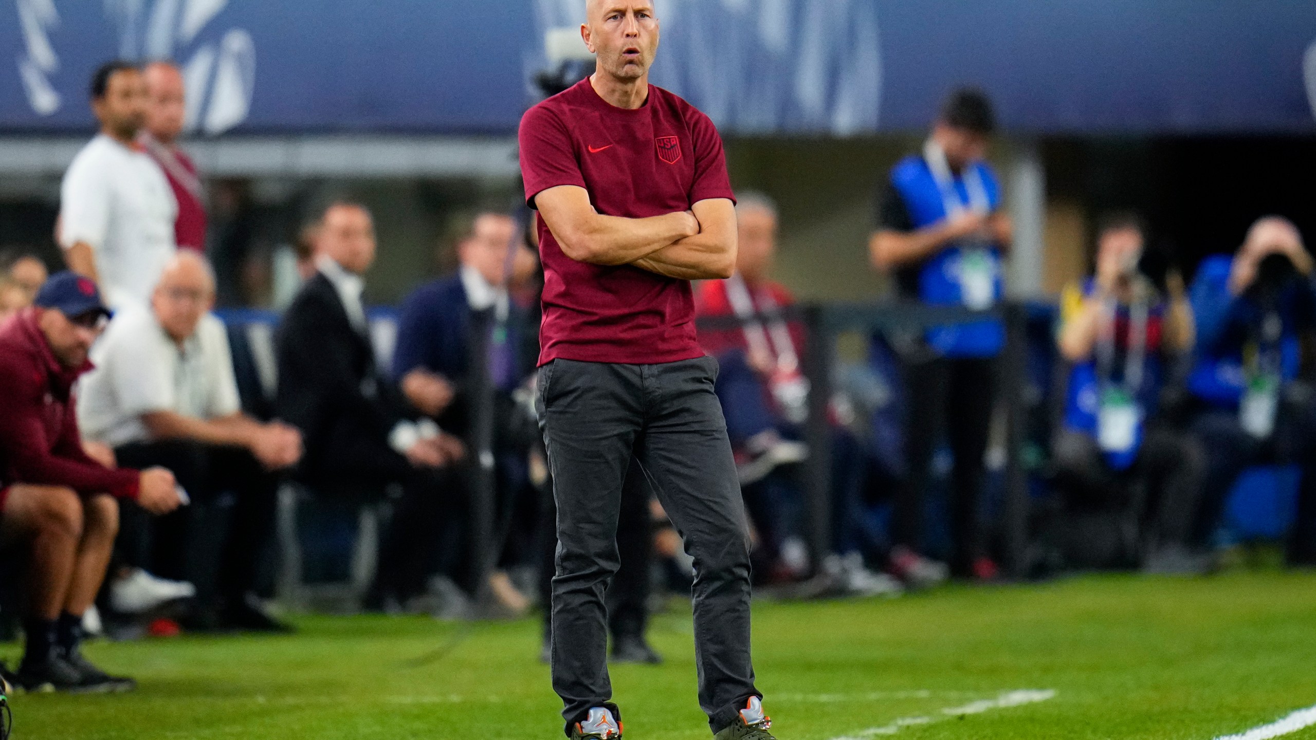United States head coach Gregg Berhalter looks on during the first half of a CONCACAF Nations League semifinals soccer match against Jamaica, Thursday, March 21, 2024, in Arlington, Texas. (AP Photo/Julio Cortez)