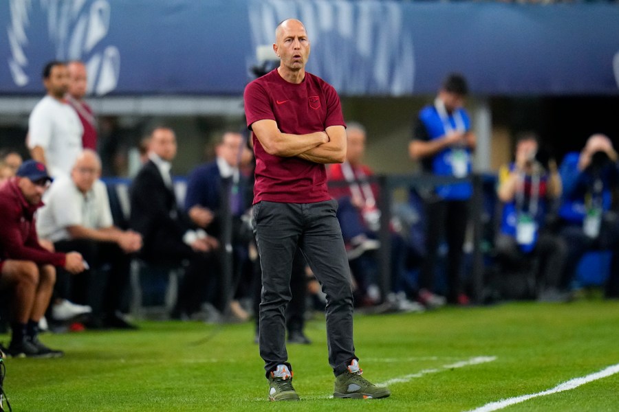 United States head coach Gregg Berhalter looks on during the first half of a CONCACAF Nations League semifinals soccer match against Jamaica, Thursday, March 21, 2024, in Arlington, Texas. (AP Photo/Julio Cortez)