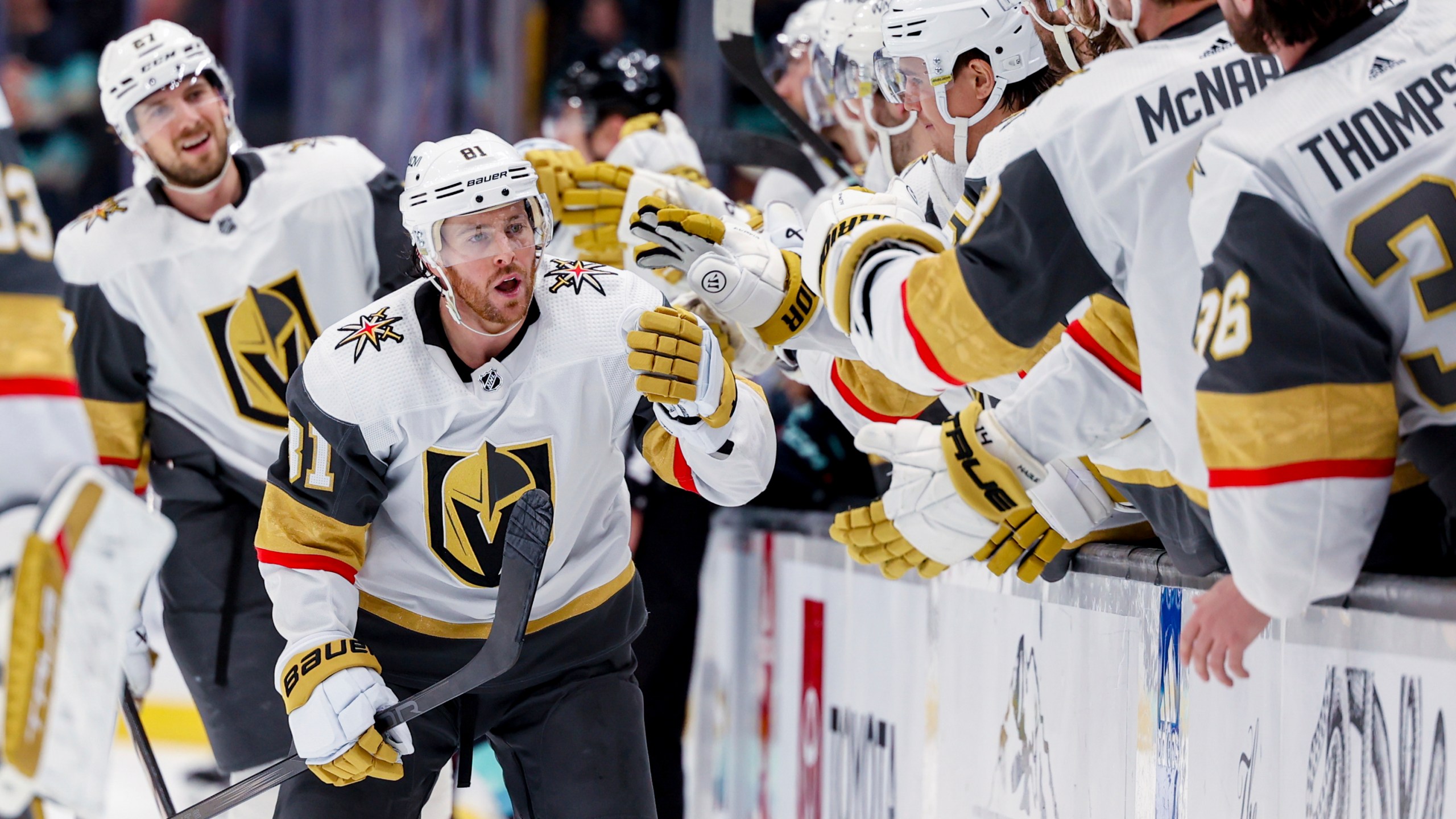 Vegas Golden Knights right wing Jonathan Marchessault is congratulated for his goal against the Seattle Kraken during the third period of an NHL hockey game Tuesday, March 12, 2024, in Seattle. (AP Photo/Maddy Grassy)