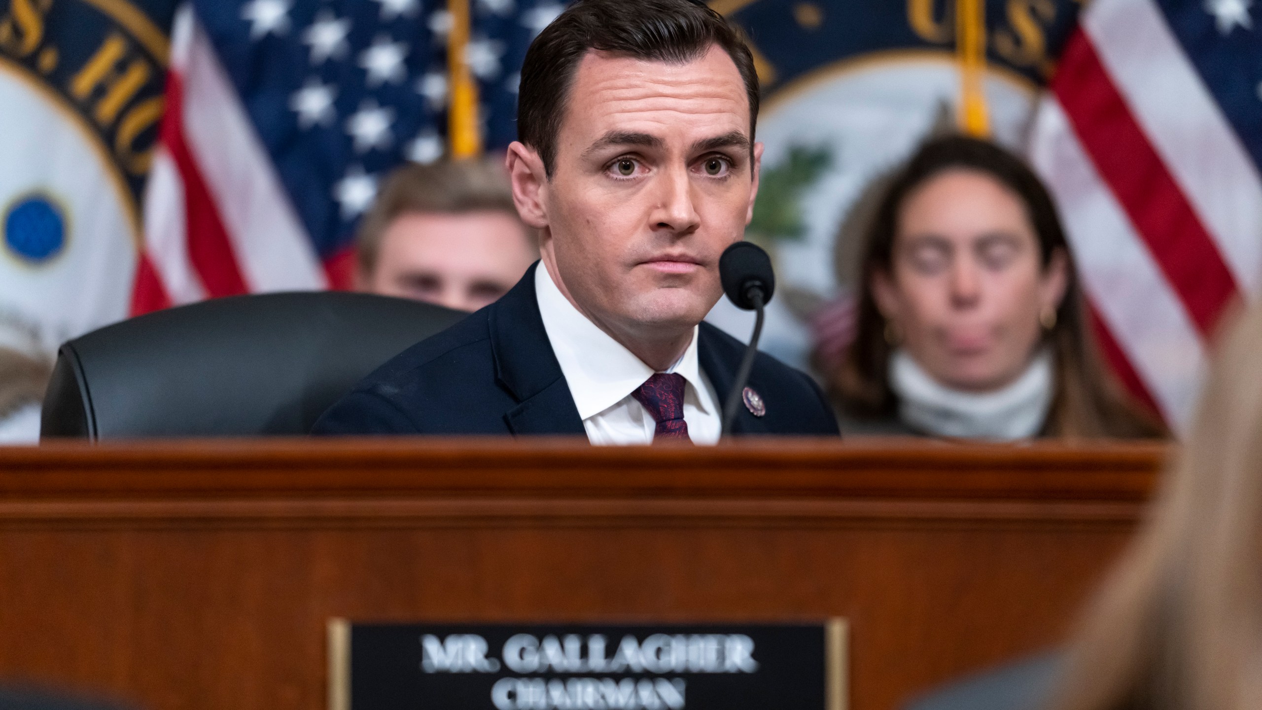 FILE - Chairman Mike Gallagher, R-Wis., leads a hearing at the Capitol in Washington, Feb. 28, 2023. Gallagher, who has spearheaded House pushback against the Chinese government, announced Friday, March 22, 2024, he will resign from his position in the House on April 19. (AP Photo/J. Scott Applewhite, File)