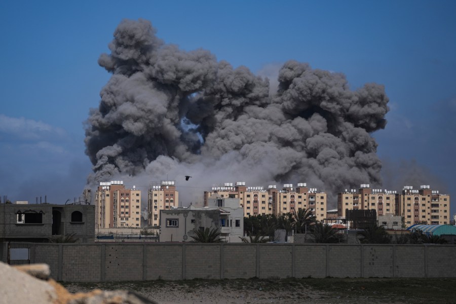 Smoke rises following an Israeli airstrike in the central Gaza Strip, Friday, March 22, 2024. (AP Photo/Abdel Kareem Hana)