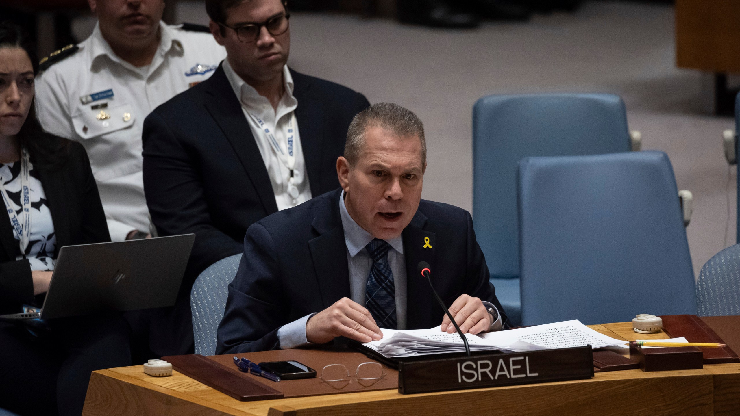 Gilad Erdan, Permanent Representative of Israel to the United Nations, speaks during a Security Council meeting at United Nations headquarters, Friday, March. 22, 2024. (AP Photo/Yuki Iwamura)