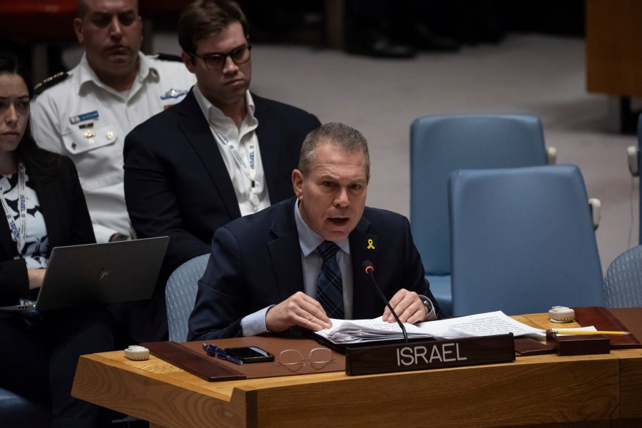 Gilad Erdan, Permanent Representative of Israel to the United Nations, speaks during a Security Council meeting at United Nations headquarters, Friday, March. 22, 2024. (AP Photo/Yuki Iwamura)