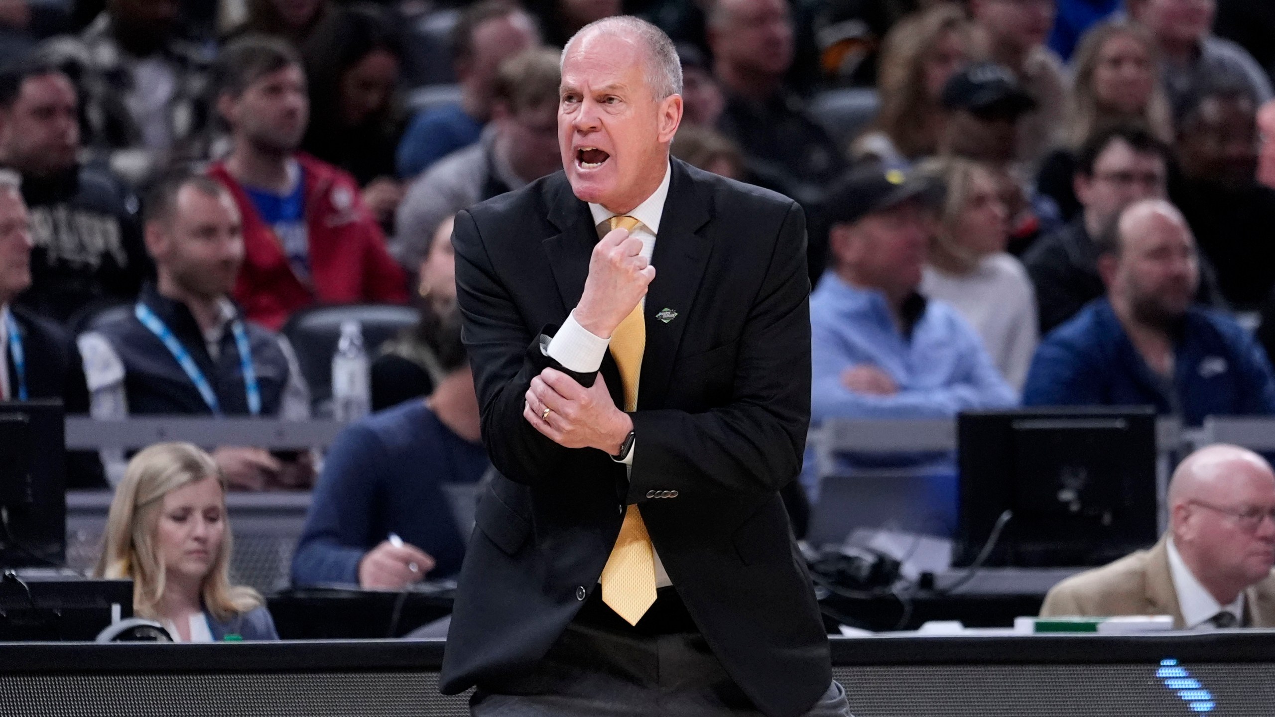 Colorado head coach Tad Boyle reacts to a call in the second half of a first-round college basketball game against Florida in the NCAA Tournament, Friday, March 22, 2024, in Indianapolis, Ind. (AP Photo/Michael Conroy)