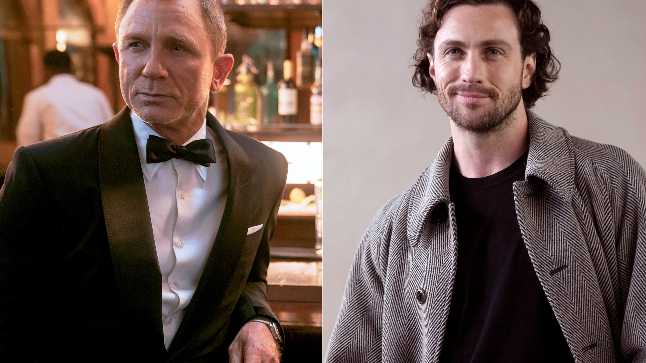 This combination of photos shows actor Daniel Craig as James Bond in a scene from "No Time To Die," left, and actor Aaron Taylor-Johnson at the Giorgio Armani women's Fall-Winter 2024-25 collection in Milan, Italy, on Feb. 25, 2024. (Metro Goldwyn Mayer Pictures via AP, left, and AP Photo/Luca Bruno)