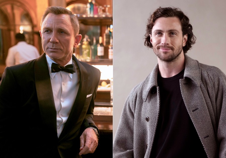 This combination of photos shows actor Daniel Craig as James Bond in a scene from "No Time To Die," left, and actor Aaron Taylor-Johnson at the Giorgio Armani women's Fall-Winter 2024-25 collection in Milan, Italy, on Feb. 25, 2024. (Metro Goldwyn Mayer Pictures via AP, left, and AP Photo/Luca Bruno)