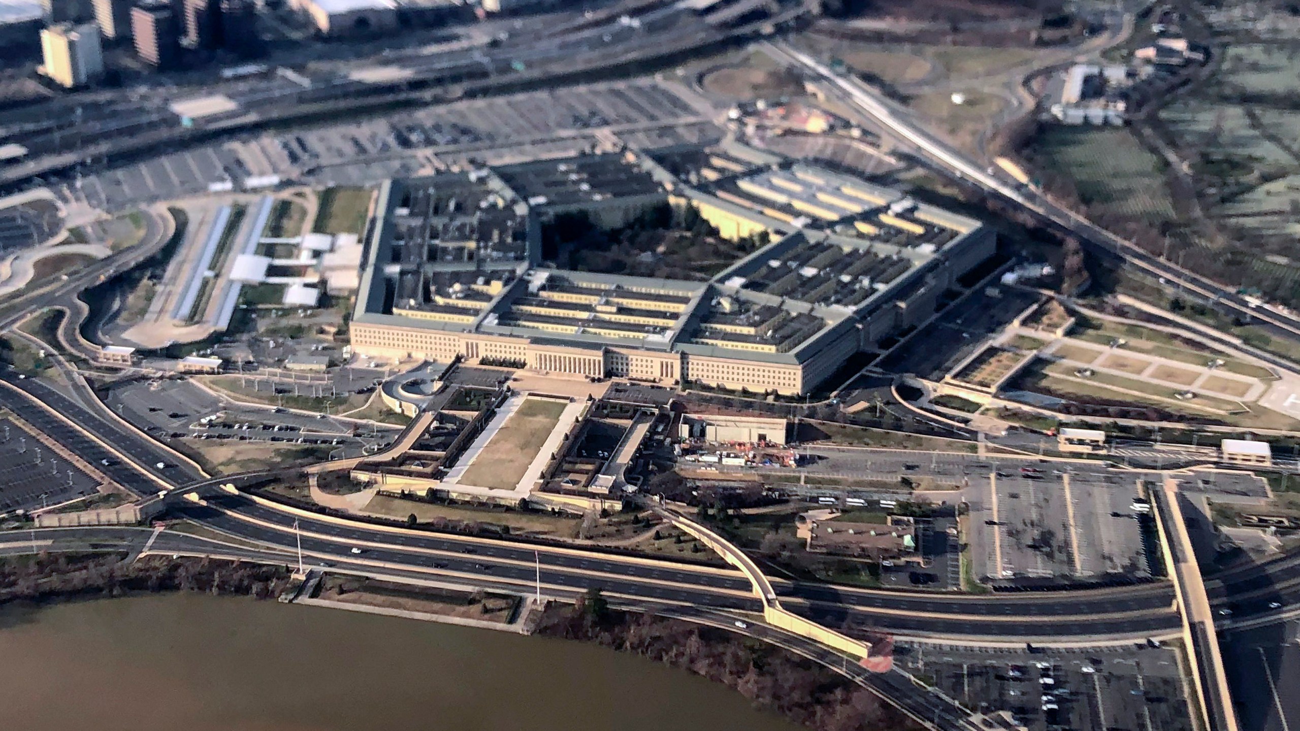 FILE - The Pentagon is seen in this aerial view made through an airplane window in Washington, Jan. 26, 2020. The Defense Department found $300 million for weapons for Ukraine in March 2024, even though the bill to fund the military aid is stalled in Congress. (AP Photo/Pablo Martinez Monsivais, File)
