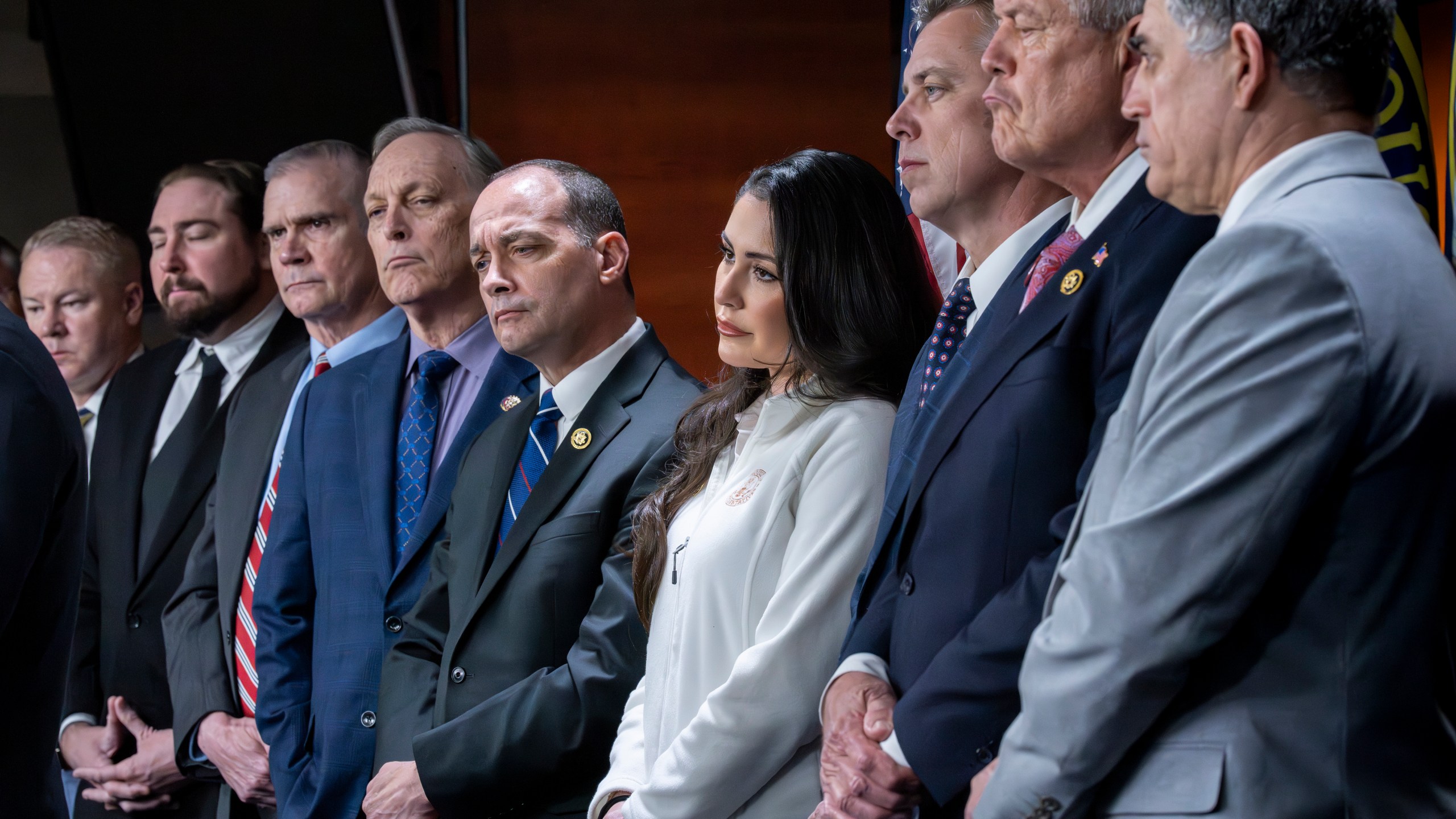 Members of the conservative House Freedom Caucus gather at a news conference to denounce the spending package being voted on for the current budget year, at the Capitol in Washington, Friday, March 22, 2024. (AP Photo/J. Scott Applewhite)