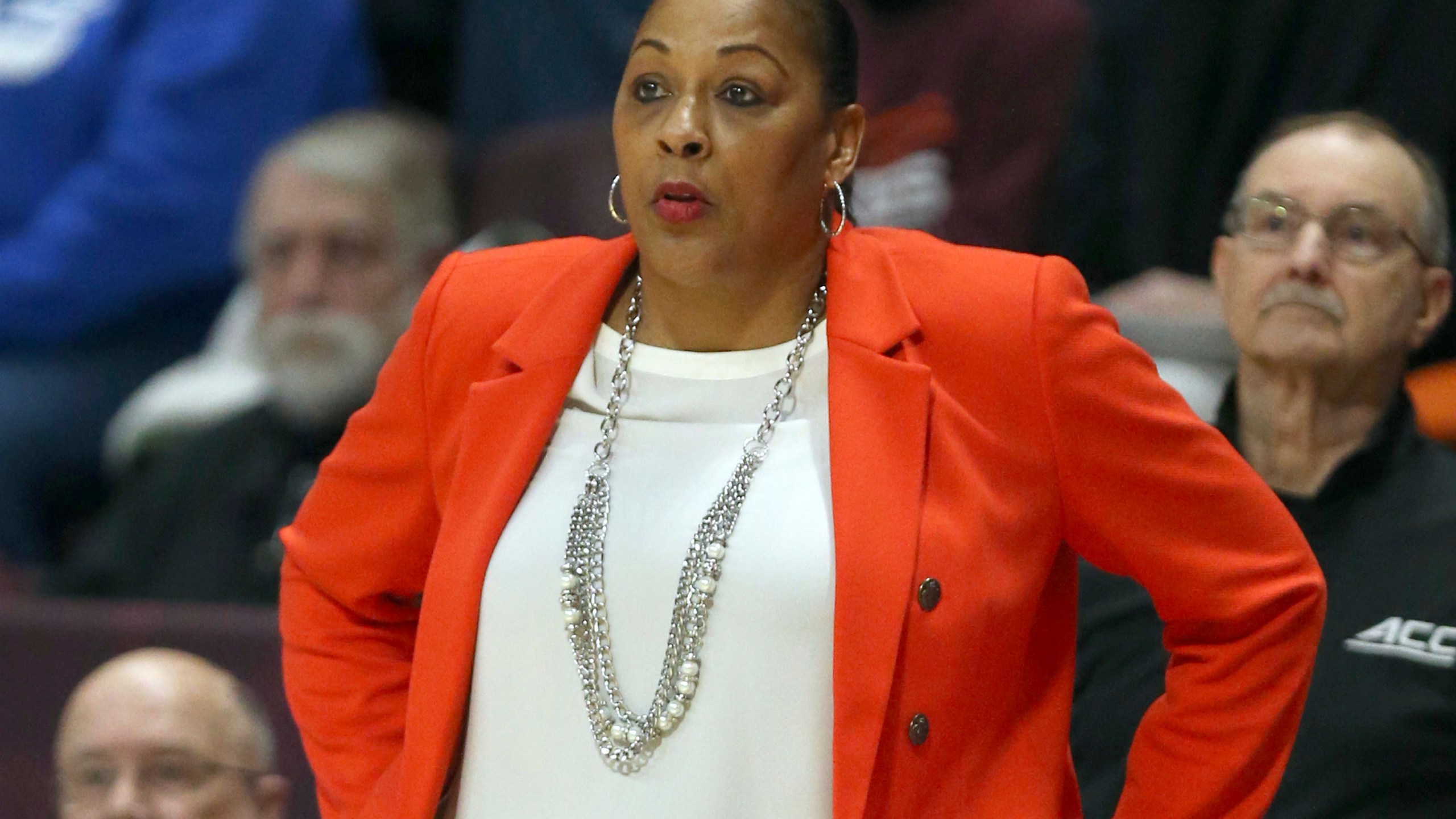 FILE - Syracuse head coach Felisha Legette-Jack reacts during the first half of an NCAA college basketball game against Virginia Tech in Blacksburg, Va., Thursday, Feb. 2, 2023. Legette-Jack is one of a handful of coaches in women's NCAA Tournament leading their alma maters. (Matt Gentry/The Roanoke Times via AP, File)
