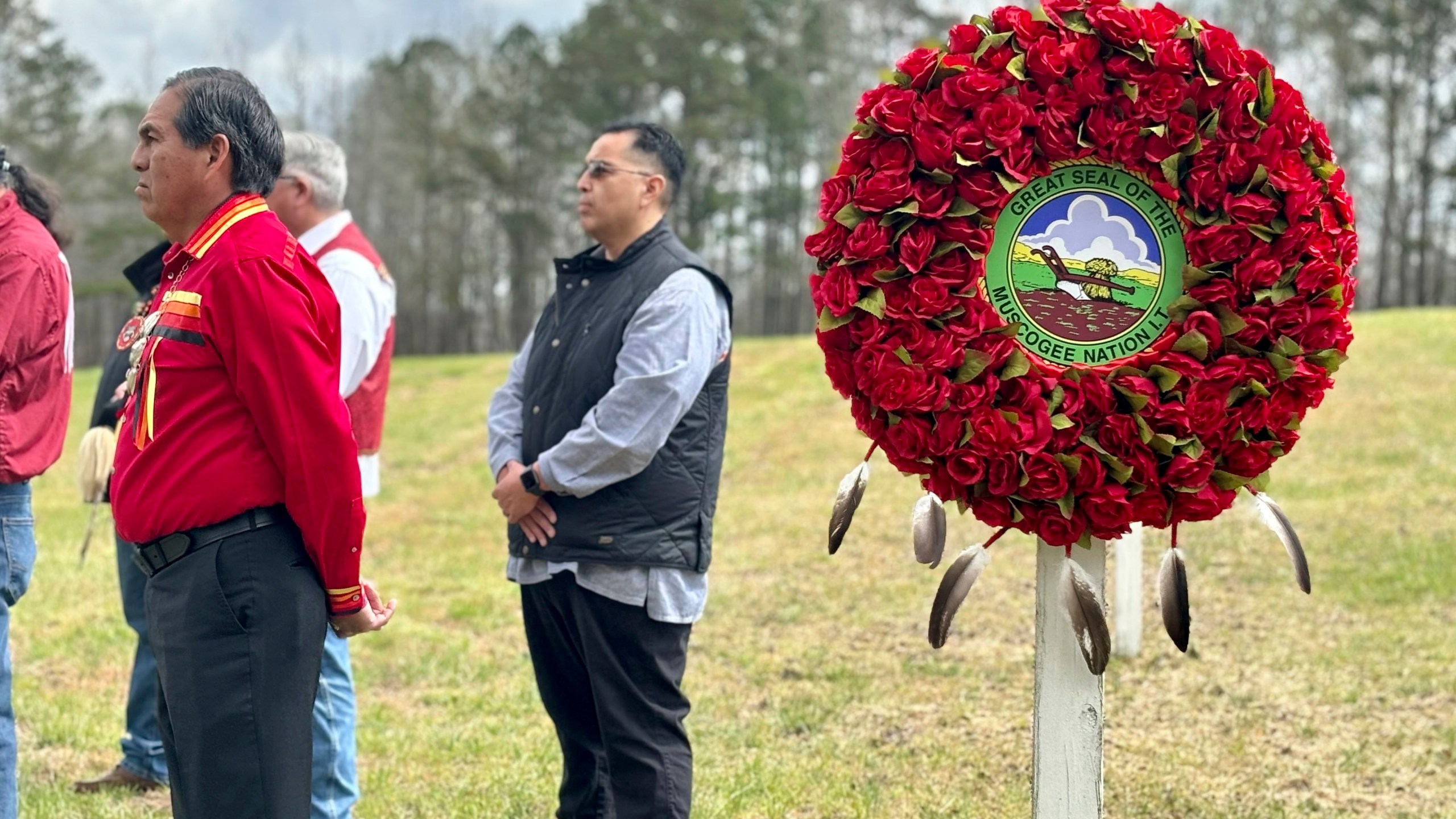 Muscogee Creek Nation Principal Chief David W. Hill, left, and Second Chief Del Beaver stand at the site of the Battle of Horseshoe Bend in Tallapoosa County, Ala., Saturday, March 23,2024. A wreath placed there honors the more than 800 Muscogee who perished during the March 27, 1814, battle. (AP Photo/Kim Chandler)