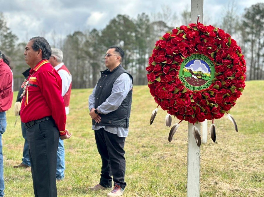 Muscogee Creek Nation Principal Chief David W. Hill, left, and Second Chief Del Beaver stand at the site of the Battle of Horseshoe Bend in Tallapoosa County, Ala., Saturday, March 23,2024. A wreath placed there honors the more than 800 Muscogee who perished during the March 27, 1814, battle. (AP Photo/Kim Chandler)