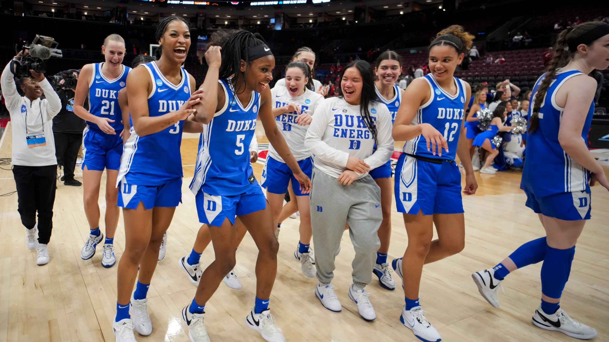 Duke celebrates after their win over Ohio State during a second-round college basketball game in the women's NCAA Tournament, Sunday, March 24, 2024, in Columbus, Ohio. (AP Photo/Aaron Doster)