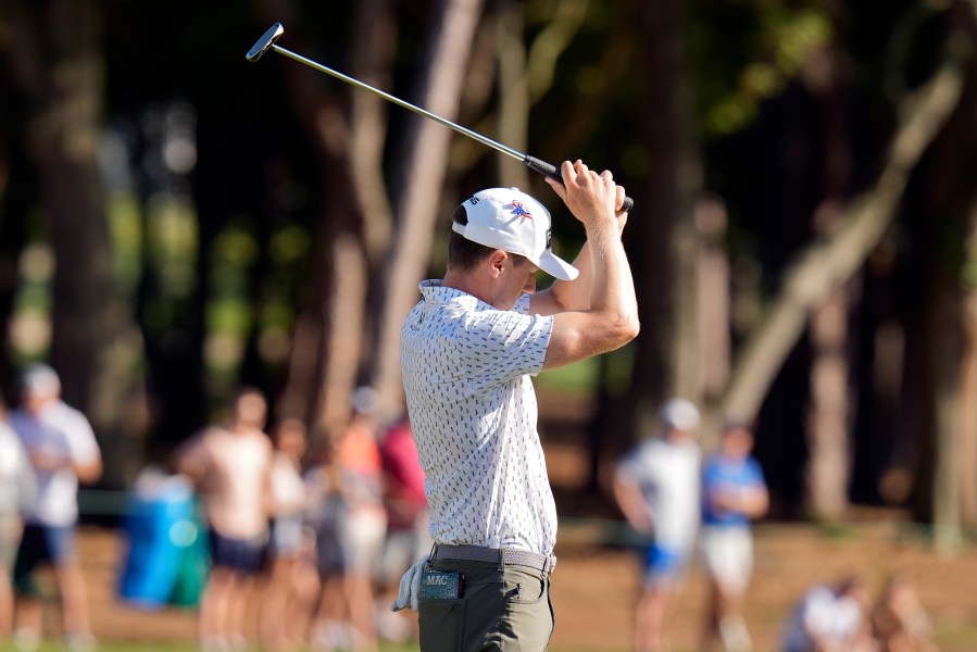 Mackenzie Hughes, of Canada, reacts to a missed birdie putt on the 17th hole during the third round of the Valspar Championship golf tournament Saturday, March 23, 2024, at Innisbrook in Palm Harbor, Fla. (AP Photo/Chris O'Meara)