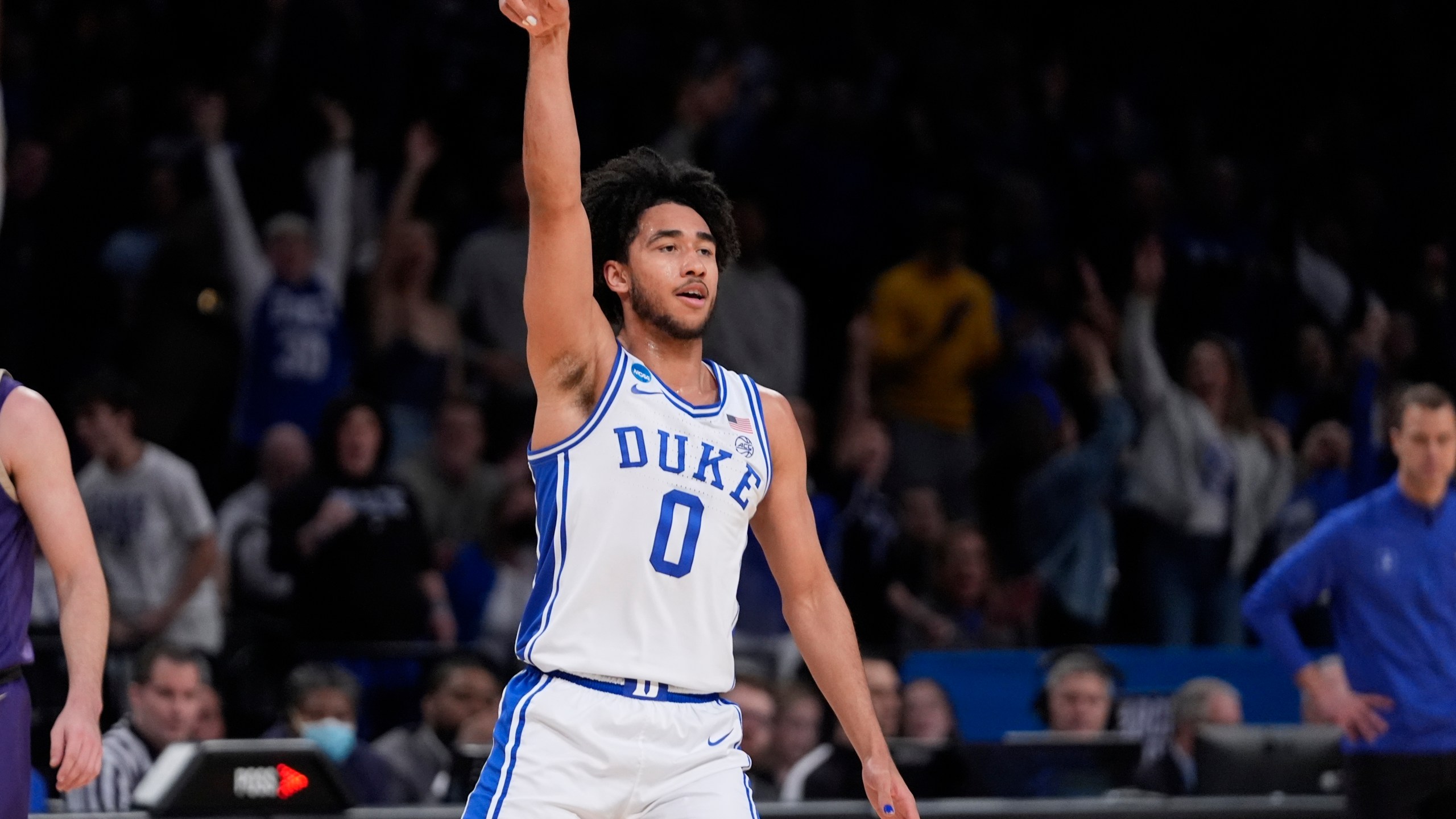 Duke's Jared McCain (0) gestures after making a 3-point shot during the first half of a second-round college basketball game against James Madison in the NCAA Tournament Sunday, March 24, 2024, in New York. (AP Photo/Frank Franklin II)