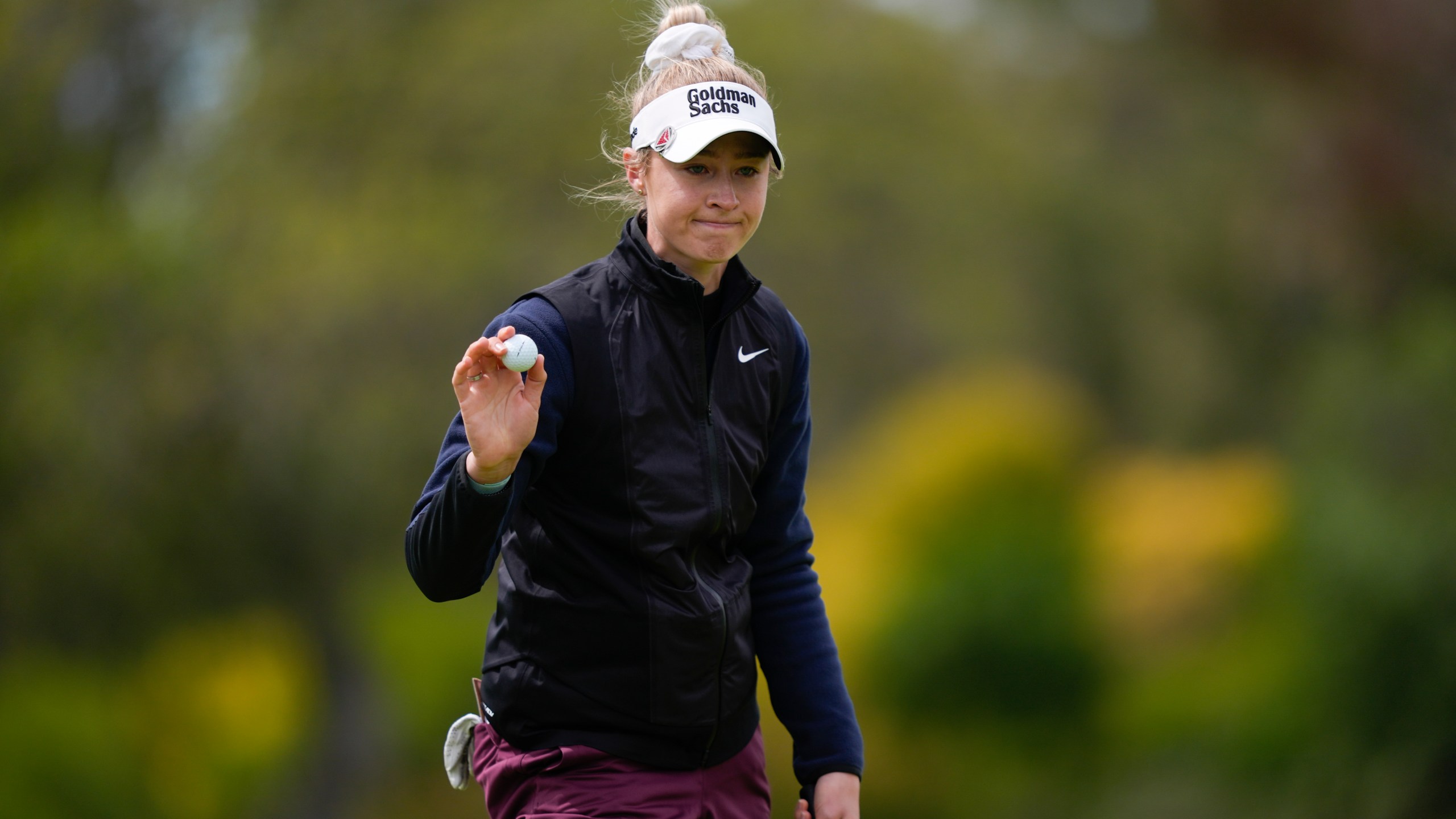 Nelly Korda reacts after finishing on the 16th green during the final round of LPGA's Fir Hills Seri Pak Championship golf tournament Sunday, March 24, 2024, in Palos Verdes Estates, Calif. (AP Photo/Ryan Sun)