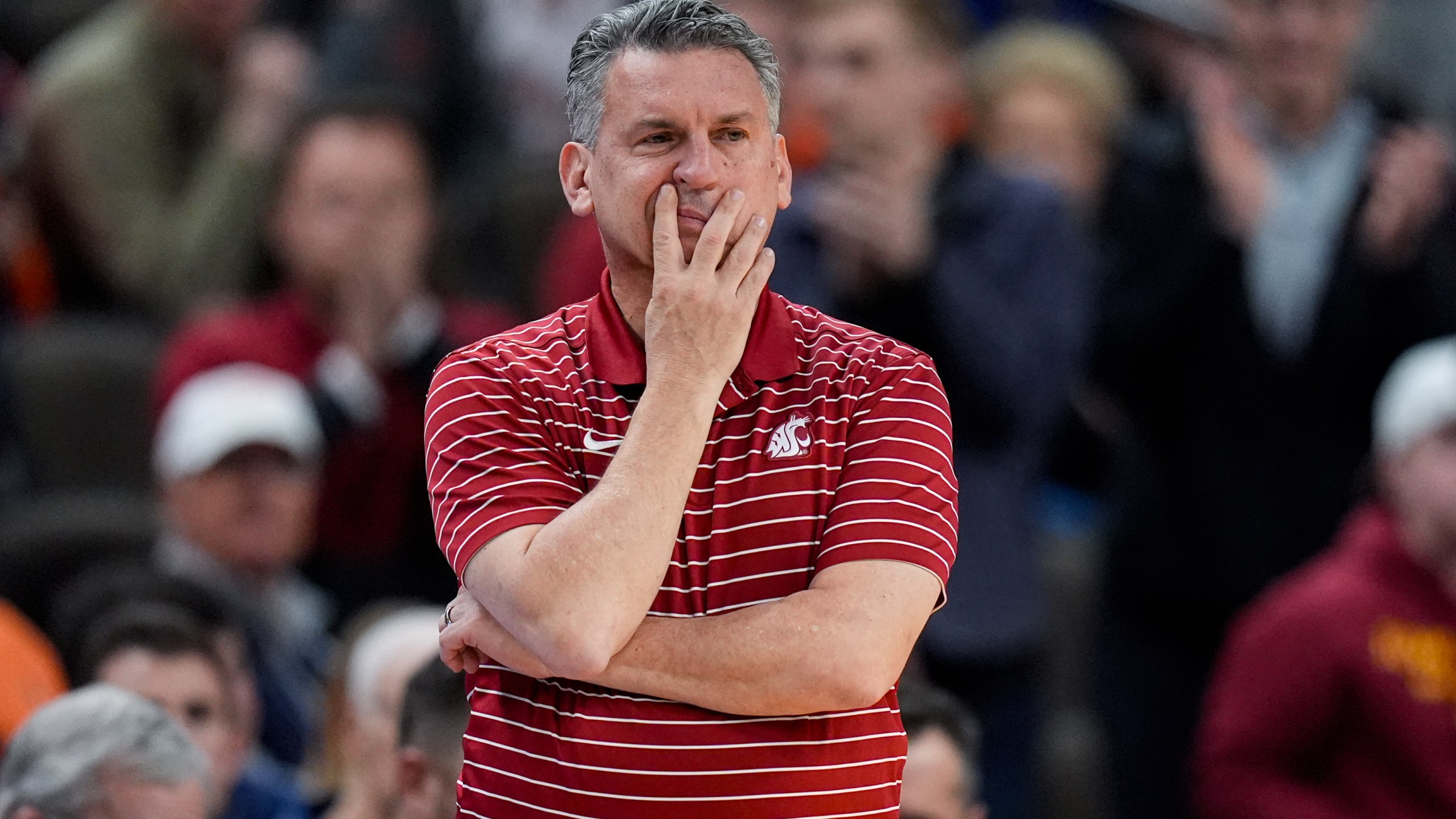 Washington State head coach Kyle Smith watches as his team played against Iowa State in the first half of a second-round college basketball game in the NCAA Tournament, Saturday, March 23, 2024, in Omaha, Neb. (AP Photo/Charlie Neibergall)