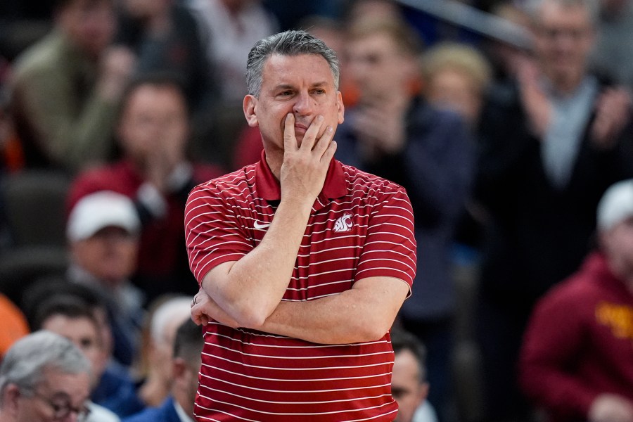 Washington State head coach Kyle Smith watches as his team played against Iowa State in the first half of a second-round college basketball game in the NCAA Tournament, Saturday, March 23, 2024, in Omaha, Neb. (AP Photo/Charlie Neibergall)