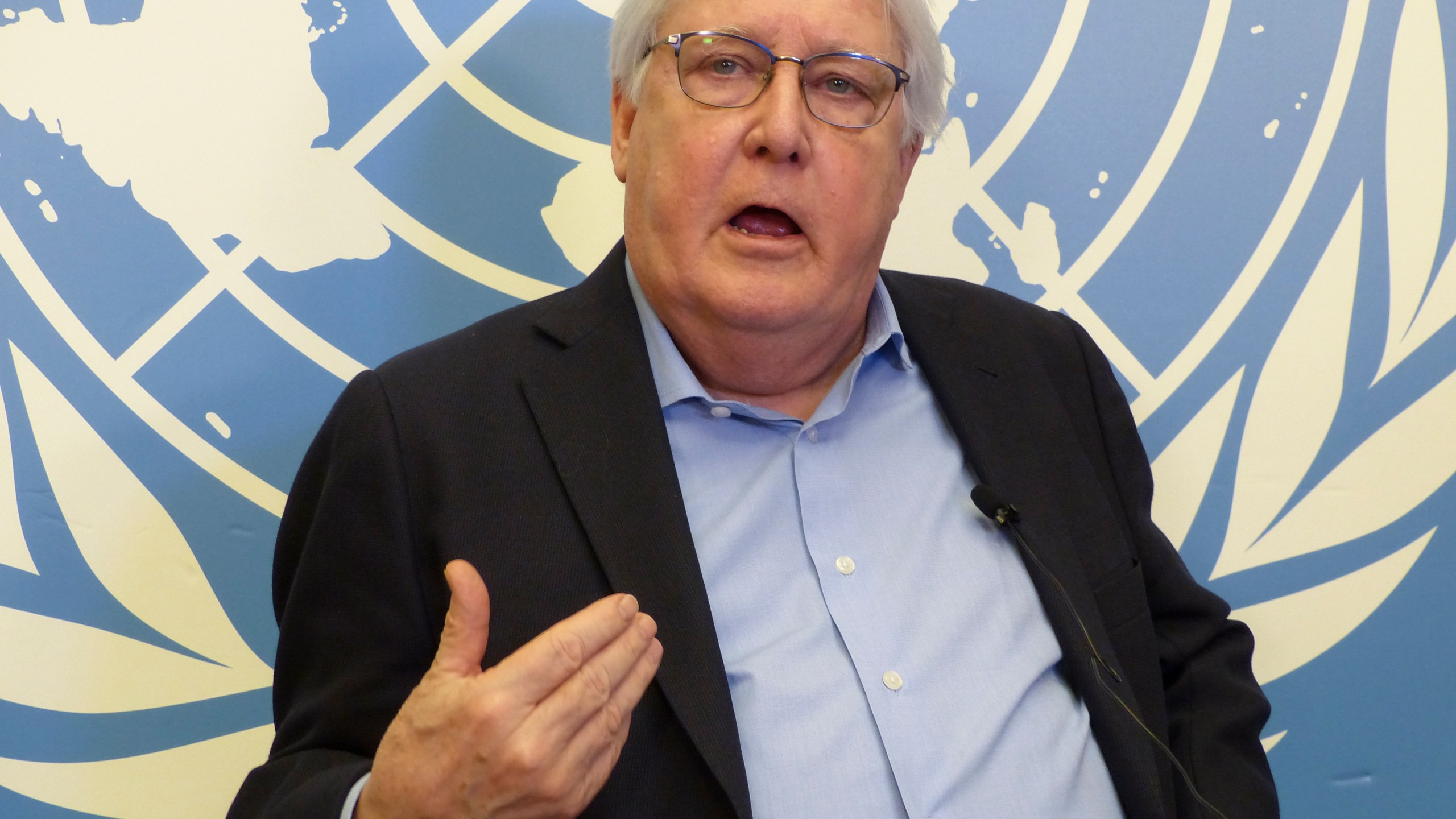 FILE - U.N. humanitarian aid coordinator Martin Griffiths speaks in Geneva, Switzerland, May 18, 2023. Griffiths is stepping down for health reasons after nearly three years of trying to tackle mounting crises in Ukraine, Gaza and Africa. U.N. deputy spokesman Farhan Haq made the announcement Monday, March 25, 2024. (AP Photo/Jamey Keaten, File)