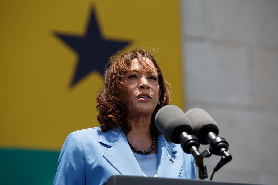 FILE - U.S. Vice President Kamala Harris addresses youth gathered on Black Star Square in Accra, Ghana, Tuesday, March 28, 2023. (AP Photo/Misper Apawu, Pool, File)