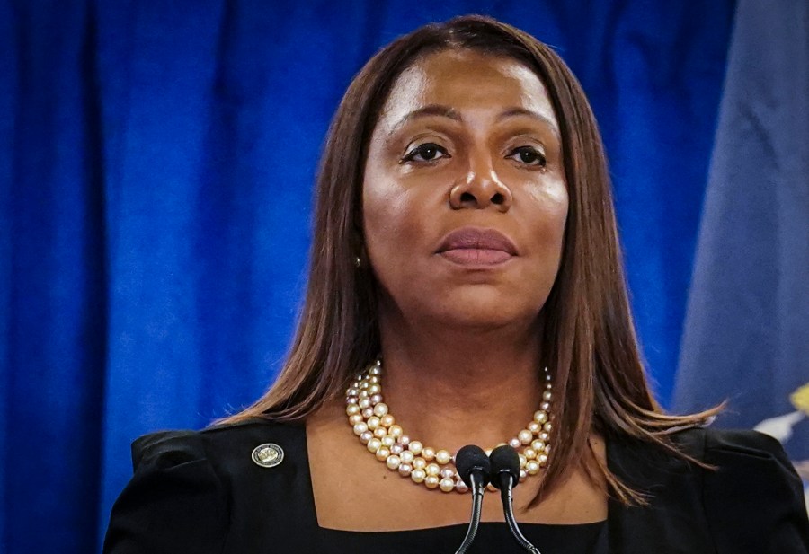 FILE - New York Attorney General Letitia James speaks during a press briefing, Feb. 16, 2024, in New York. Republican presidential candidate former President Donald Trump could find out Monday, March 25, how New York state aims to collect over $457 million he owes in his civil business fraud case, even as he appeals the verdict that led to the gargantuan debt. After James won the judgment, she didn't seek to enforce it during a legal time-out for Trump to ask an appeals court for a reprieve from paying up. (AP Photo/Bebeto Matthews, File)