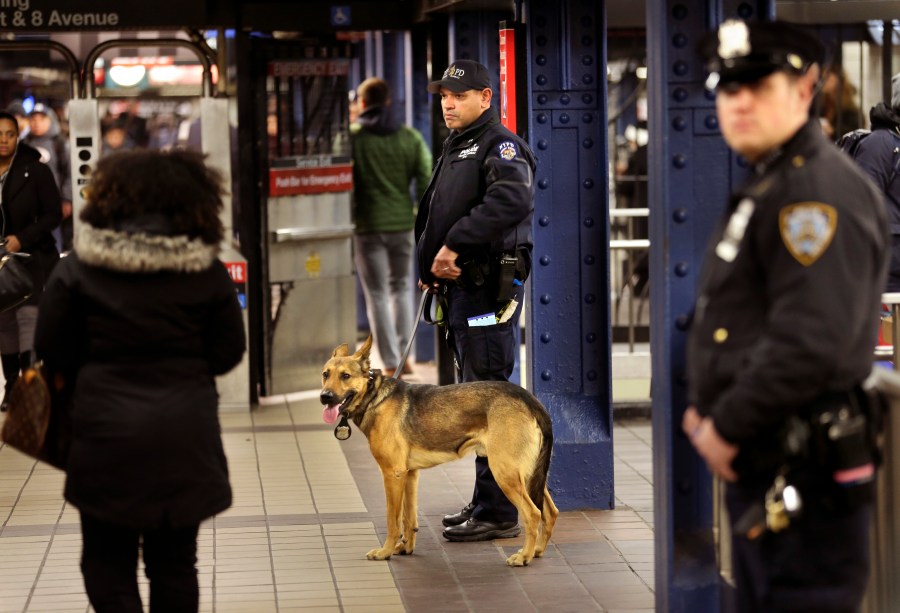 FILE - Police officers patrol in the passageway connecting New York City's Port Authority bus terminal and the Times Square subway station, Dec. 12, 2017. New York City plans to intensify a crackdown on subway fare-beating by sending at least 800 police officers specifically to keep watch on turnstiles, officials announced Monday, March 25, 2024. (AP Photo/Seth Wenig, File)