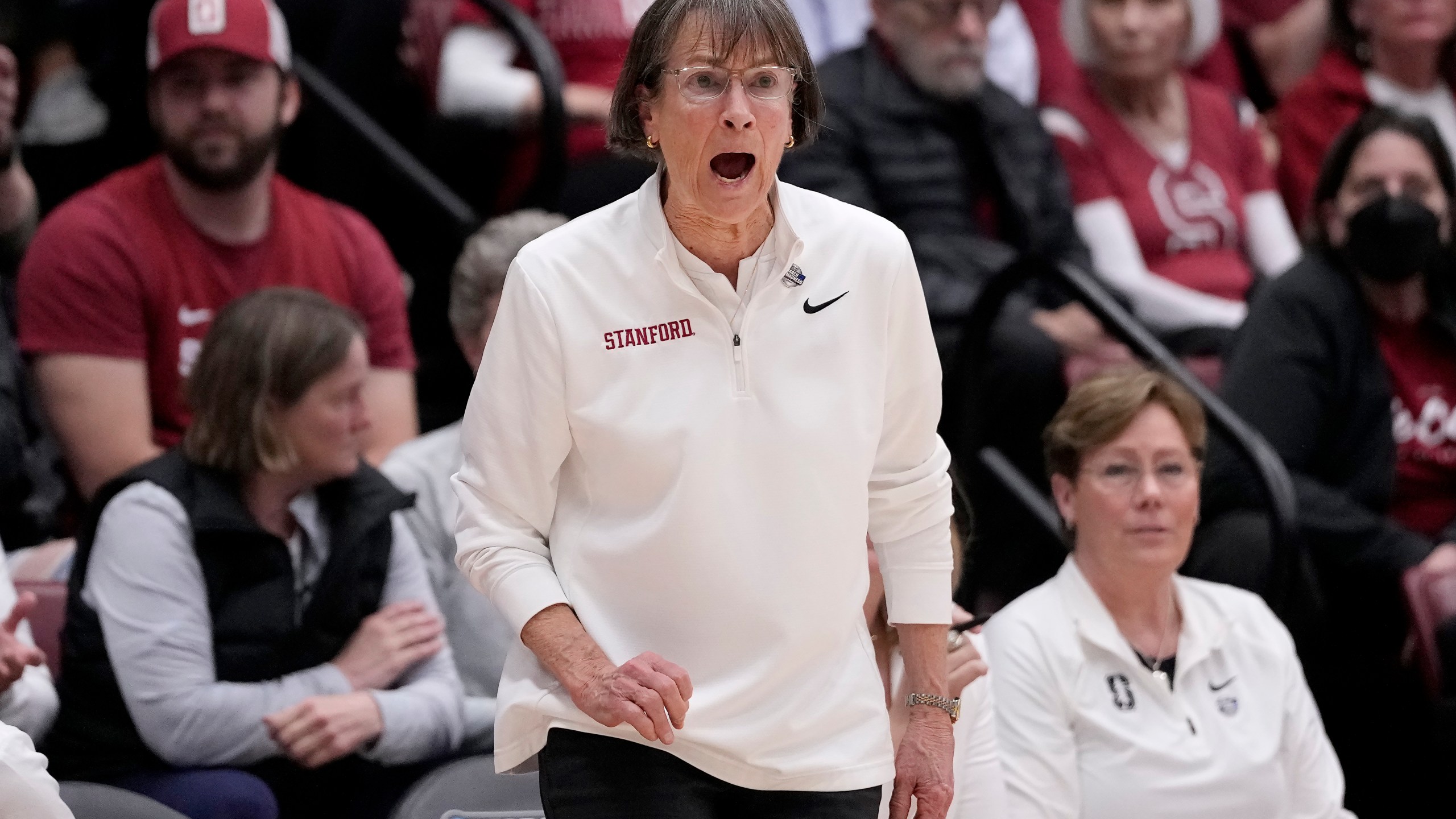 Stanford head coach Tara VanDerveer reacts toward players during the first half of the team's second-round college basketball game in the women's NCAA Tournament against Iowa State in Stanford, Calif., Sunday, March 24, 2024. (AP Photo/Jeff Chiu)