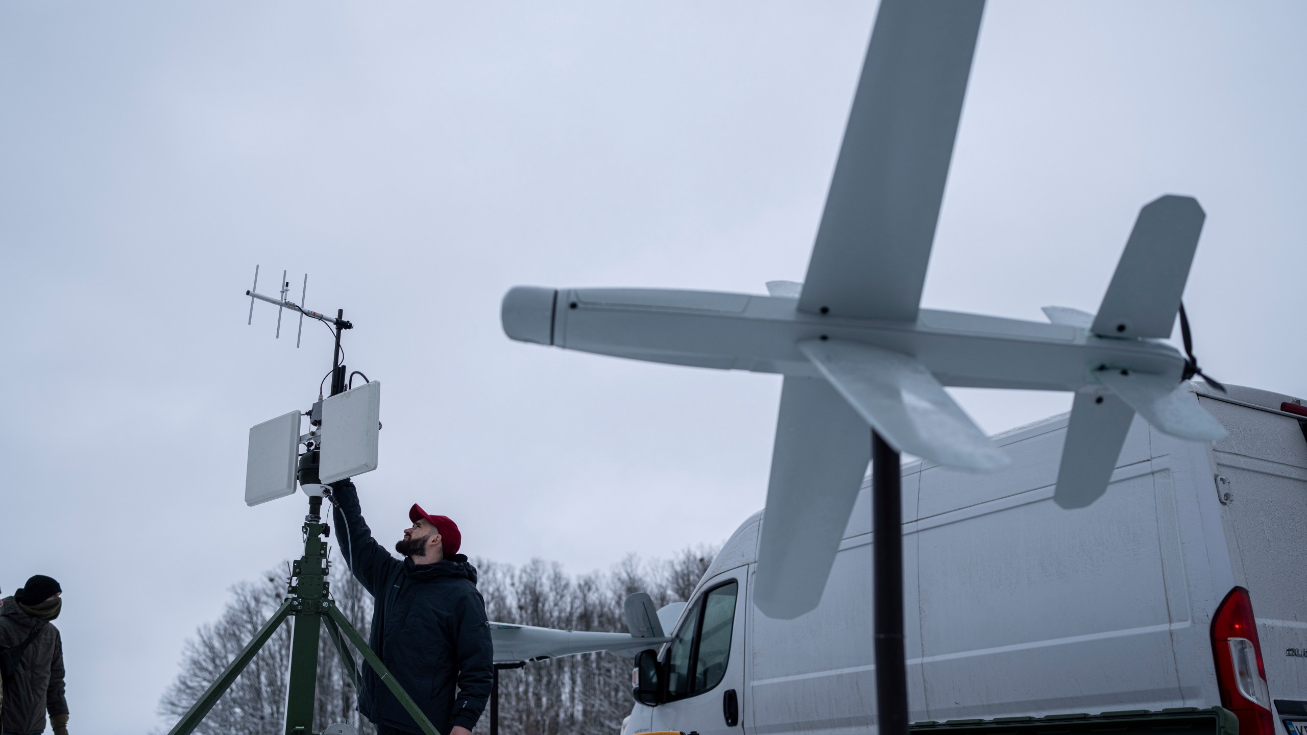 An engineer assembles an antenna for guiding an exploding drone in Kyiv region, Ukraine, on Saturday, February 10, 2024. (AP Photo/Evgeniy Maloletka)