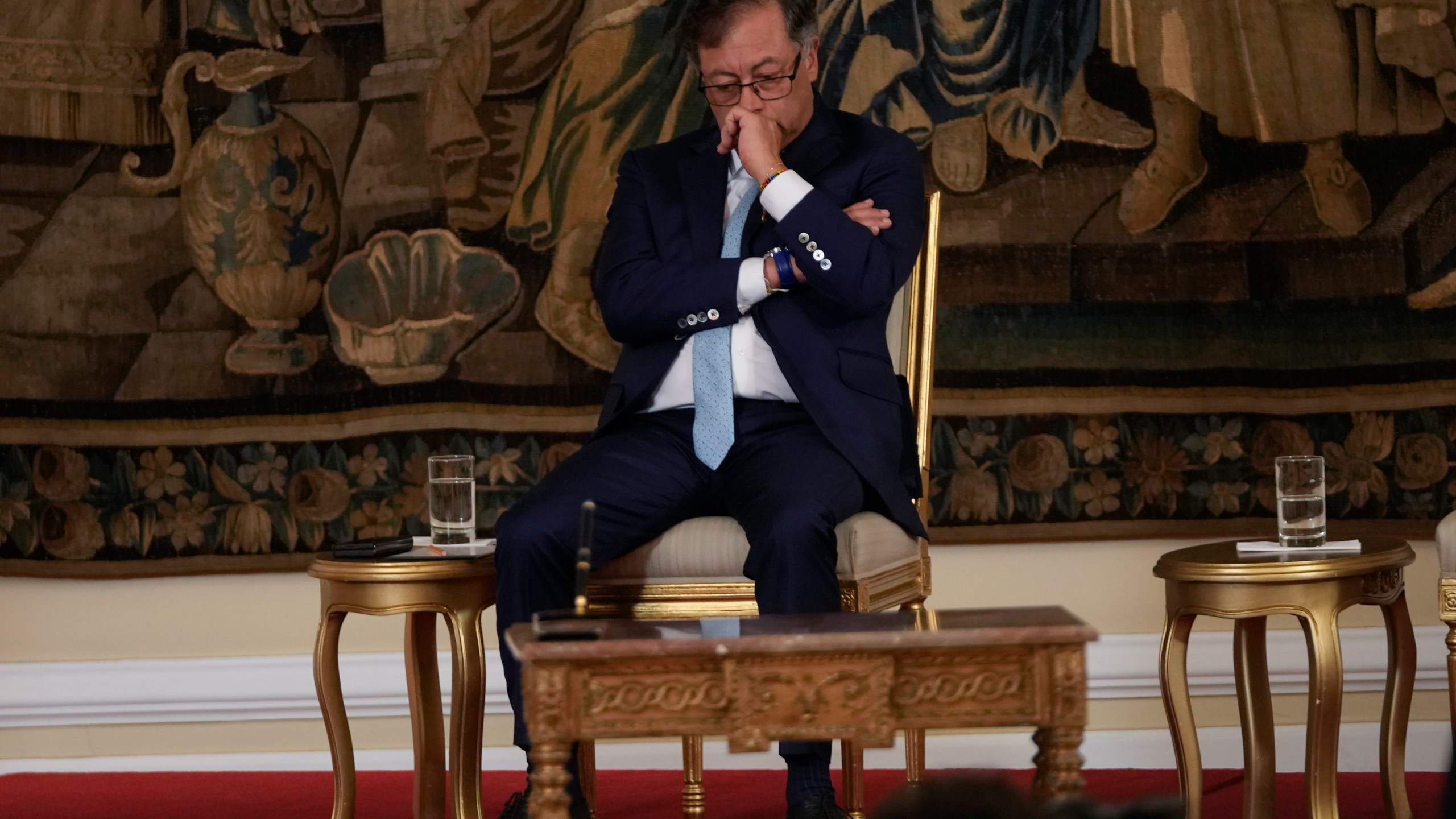 Colombian President Gustavo Petro attends a swearing-in ceremony for the newly appointed attorney general at the Presidential Palace in Bogota, Colombia, Friday, March 22, 2024. (AP Photo/Fernando Vergara)